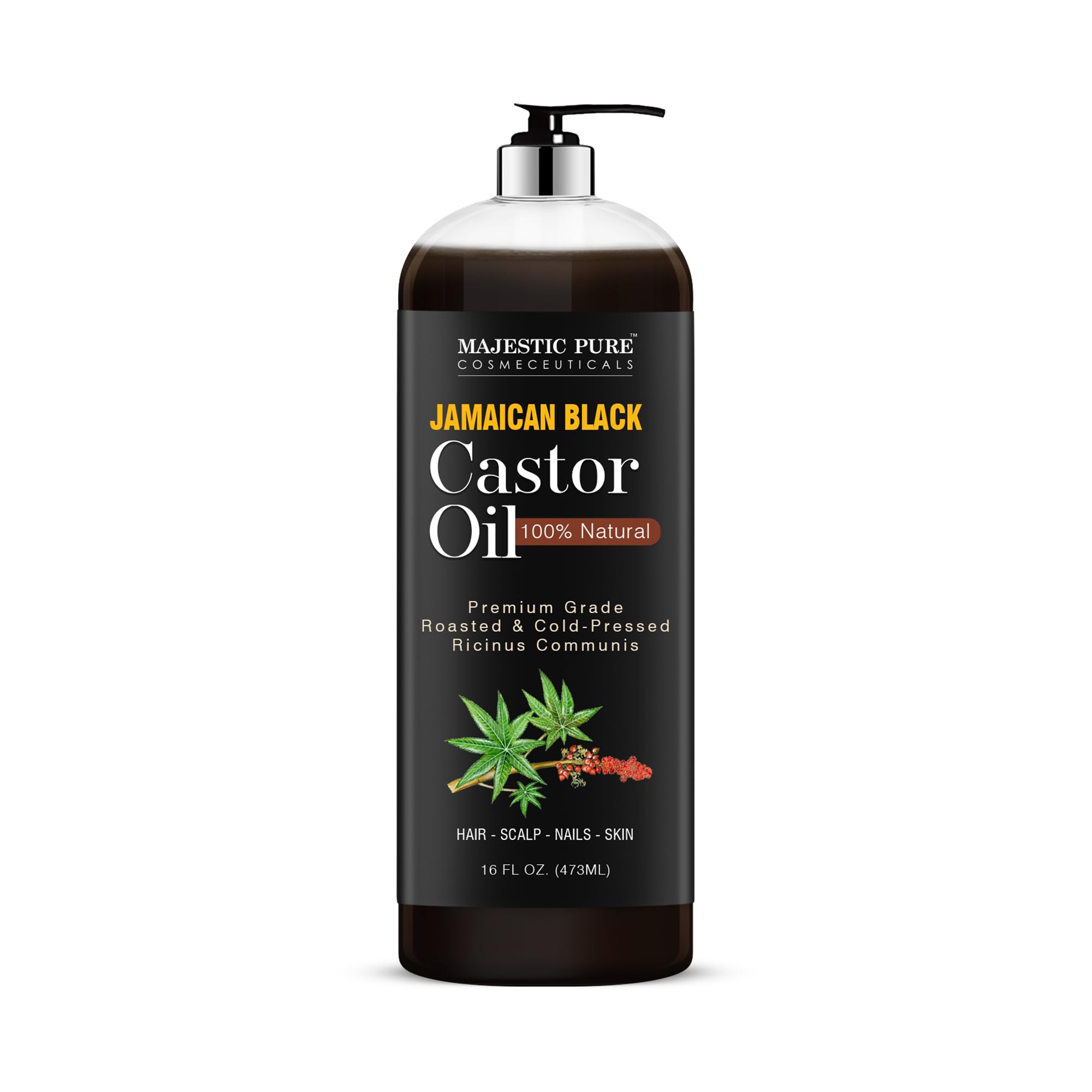 Majestic Pure Huile Ricin Noire Jamaïcaine - flacon élégant prêt à hydrater cheveux et peau.
