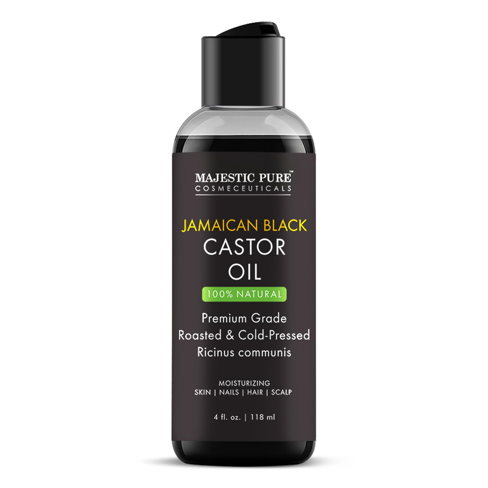 Huile ricin noire jamaïcaine Majestic Pure en bouteille, hydratation pour cheveux.