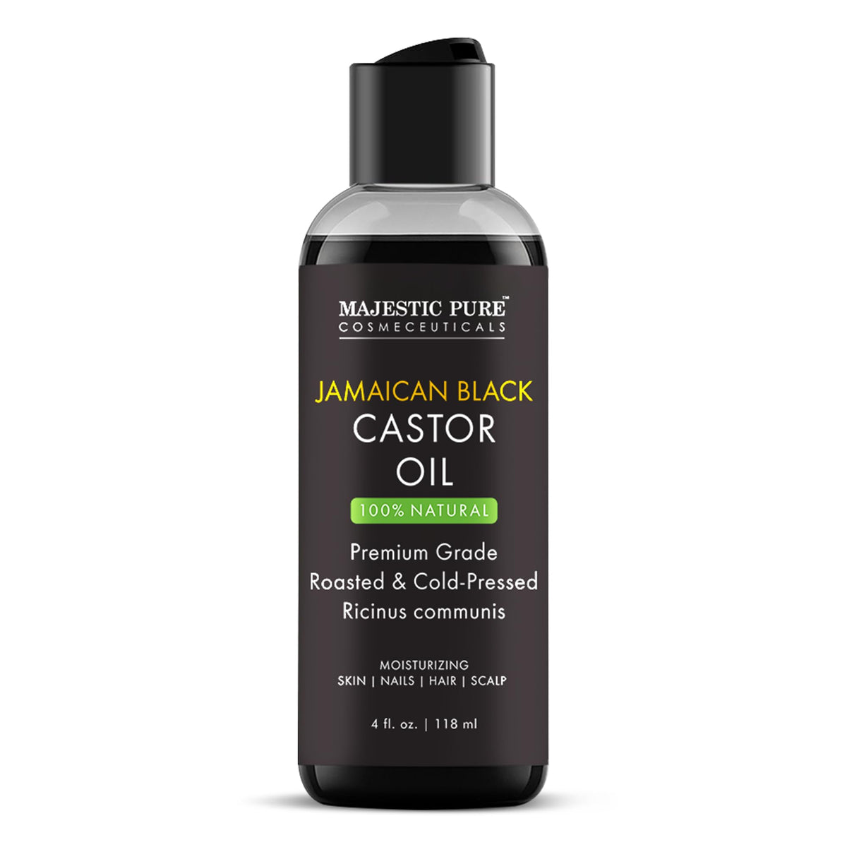 Huile ricin noire jamaïcaine Majestic Pure en bouteille, hydratation pour cheveux.