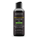 Huile ricin noire jamaïcaine Majestic Pure en bouteille, hydratation pour cheveux.