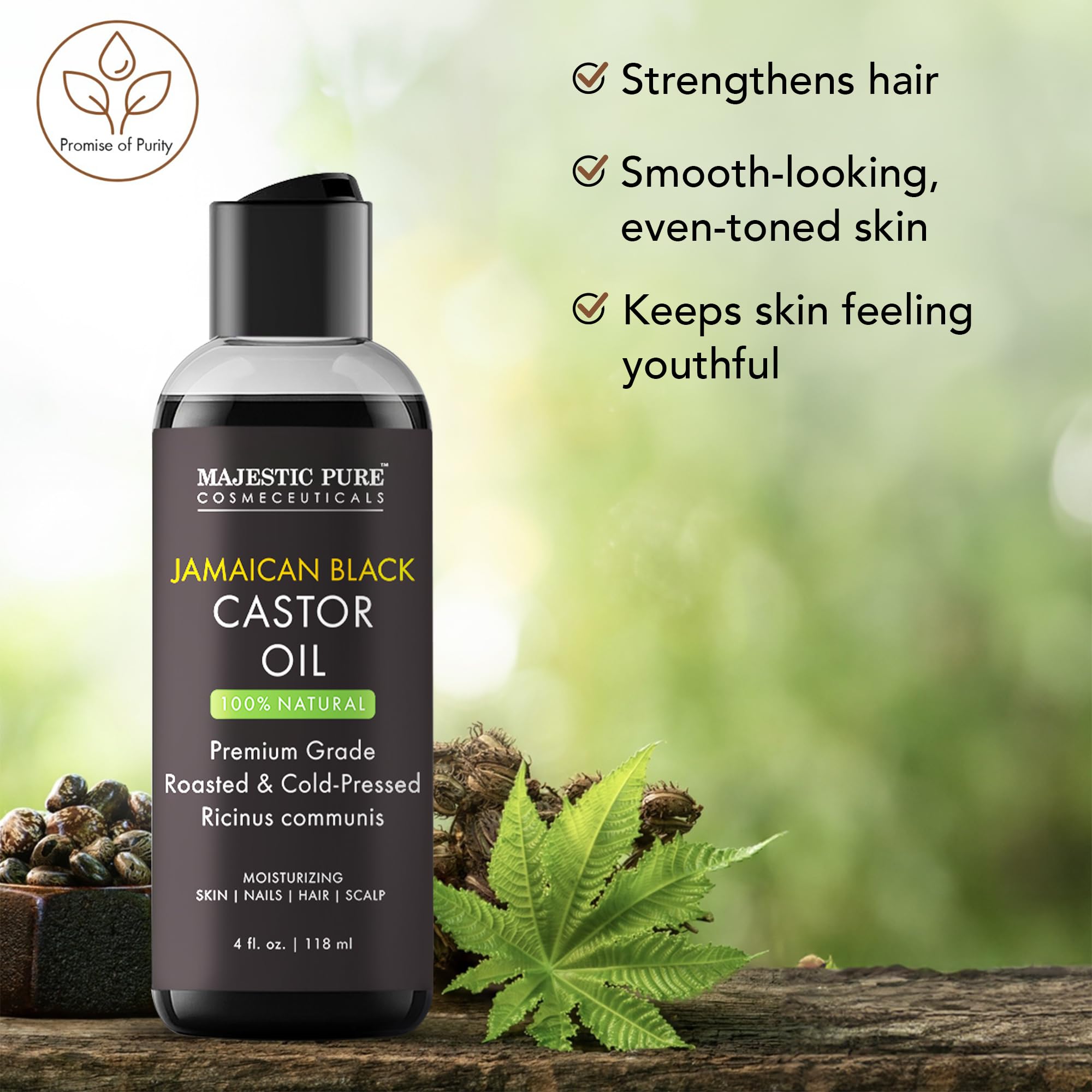 Majestic Pure huile ricin noire jamaïcaine, utilisation corps et massage.