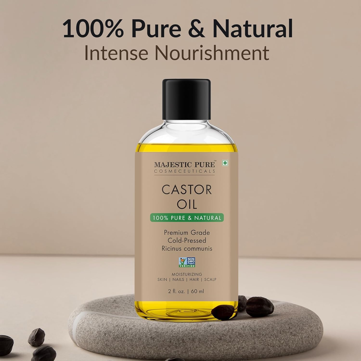 Majestic Pure Huile de ricin pour peau et mains: hydratation durable.