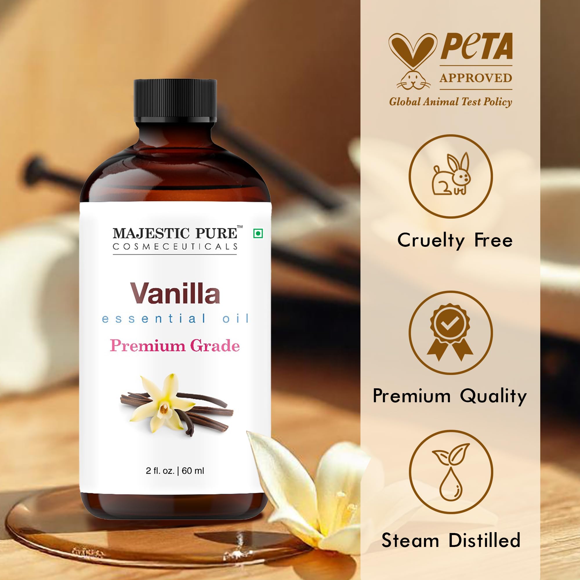 Majestic Pure huile vanille-compte-gouttes-verre, utilisation précise et arôme durable.