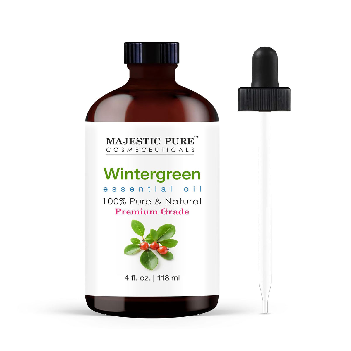 Majestic Pure Wintergreen dans bouteille verre ambrée prête à diffusion.