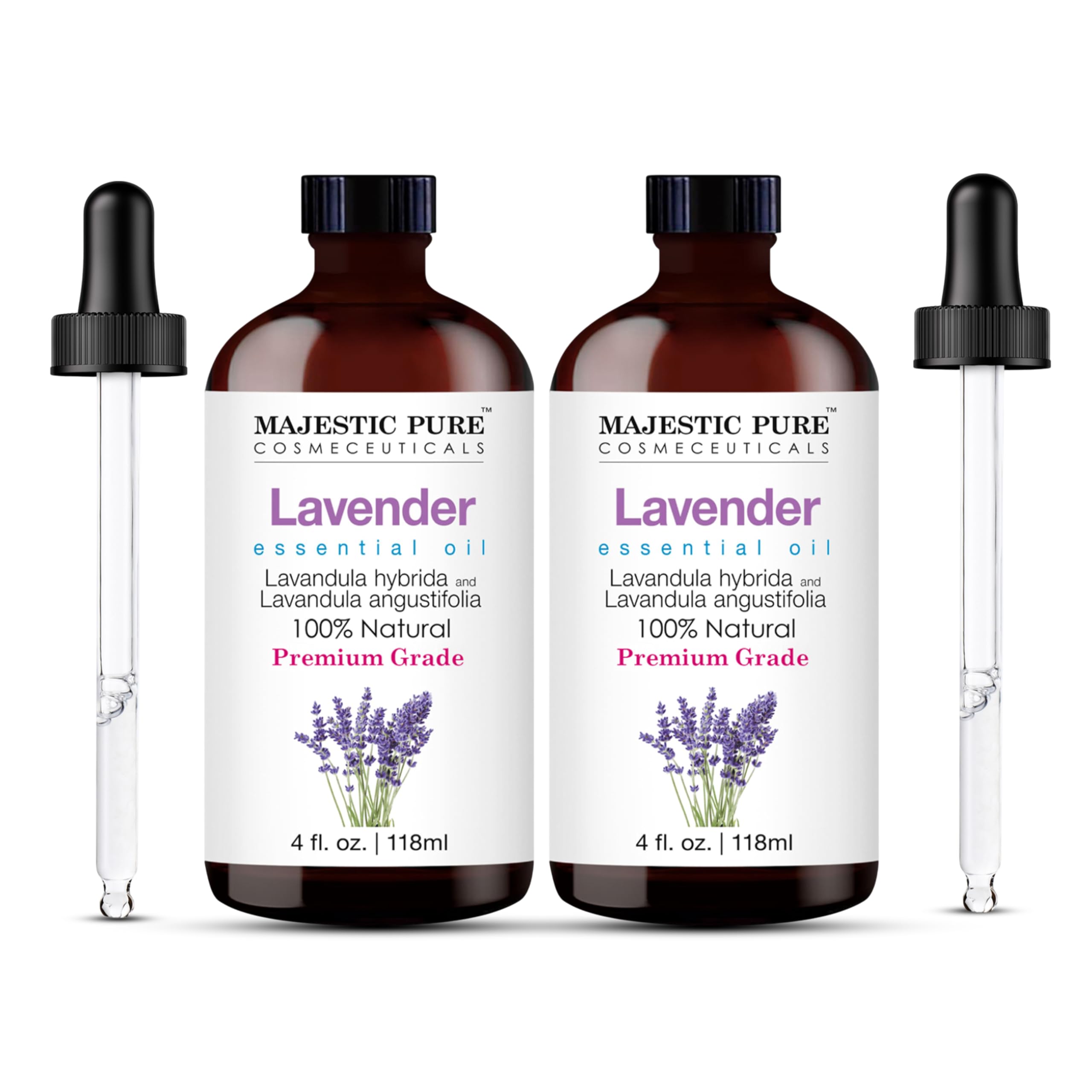 Huile essentielle Majestic Pure lavande dans bouteille ambree avec compte-gouttes pour diffusion précise