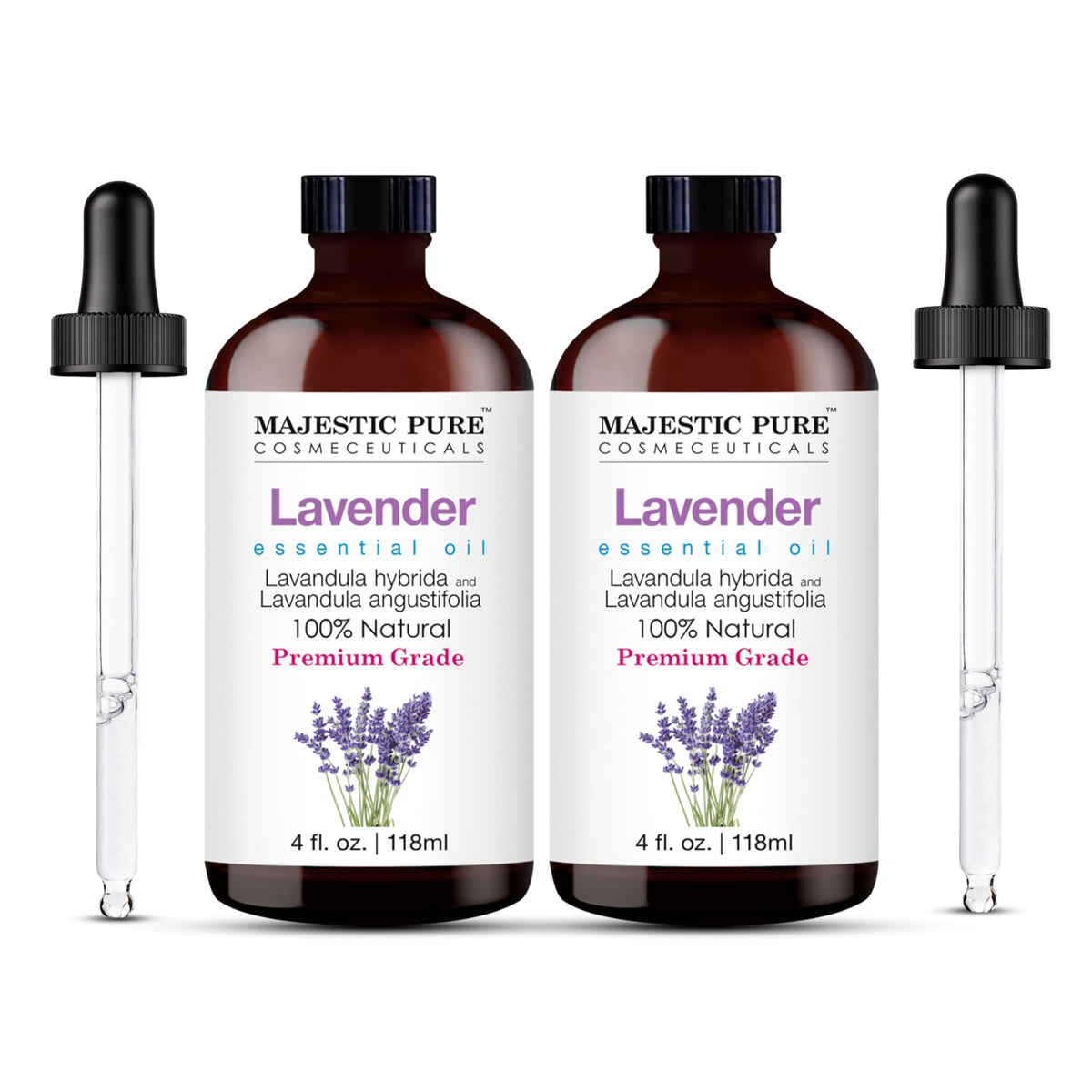 Huile essentielle Majestic Pure lavande dans bouteille ambree avec compte-gouttes pour diffusion précise