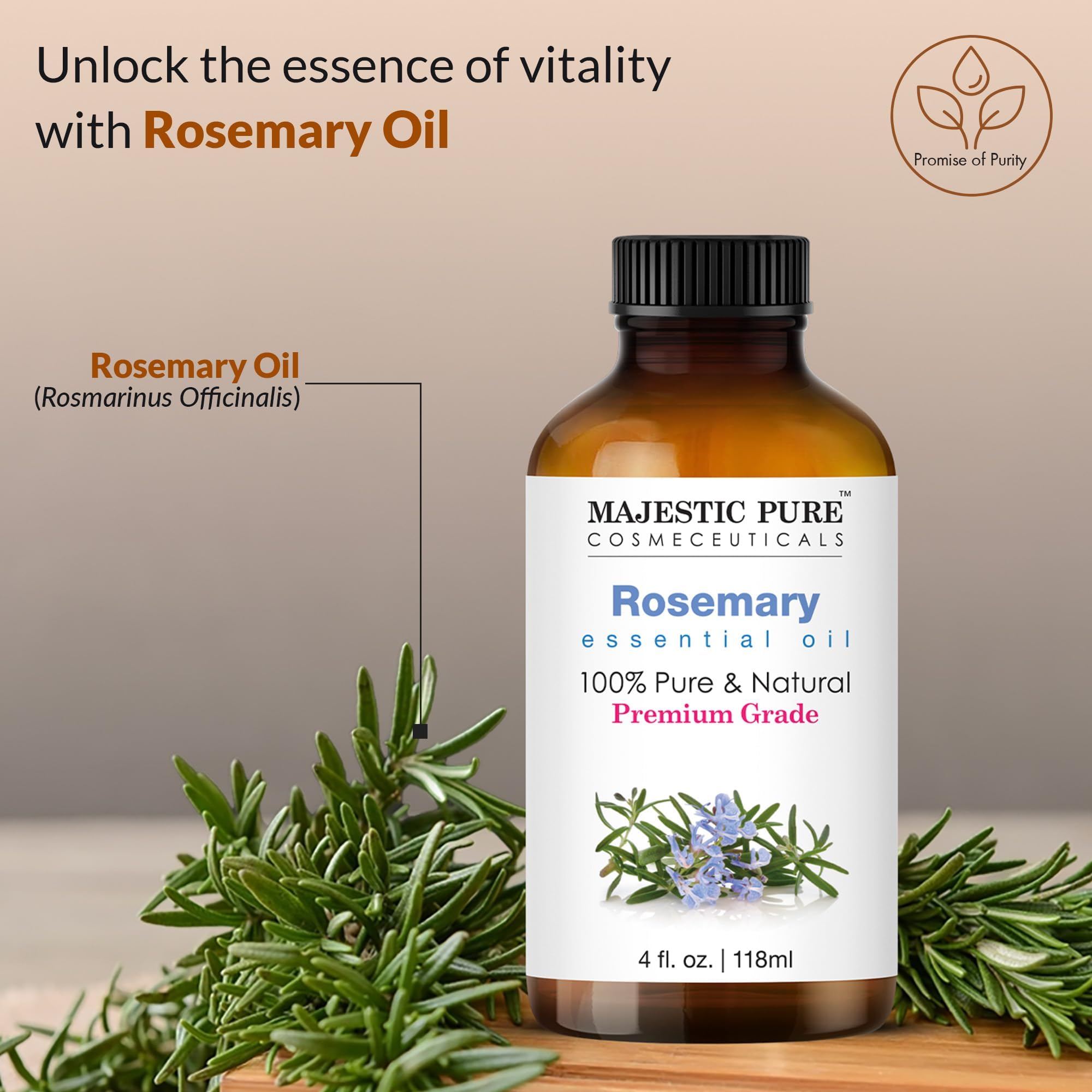 Huile romarin Majestic Pure 118 ml, flacon pratique et compact.