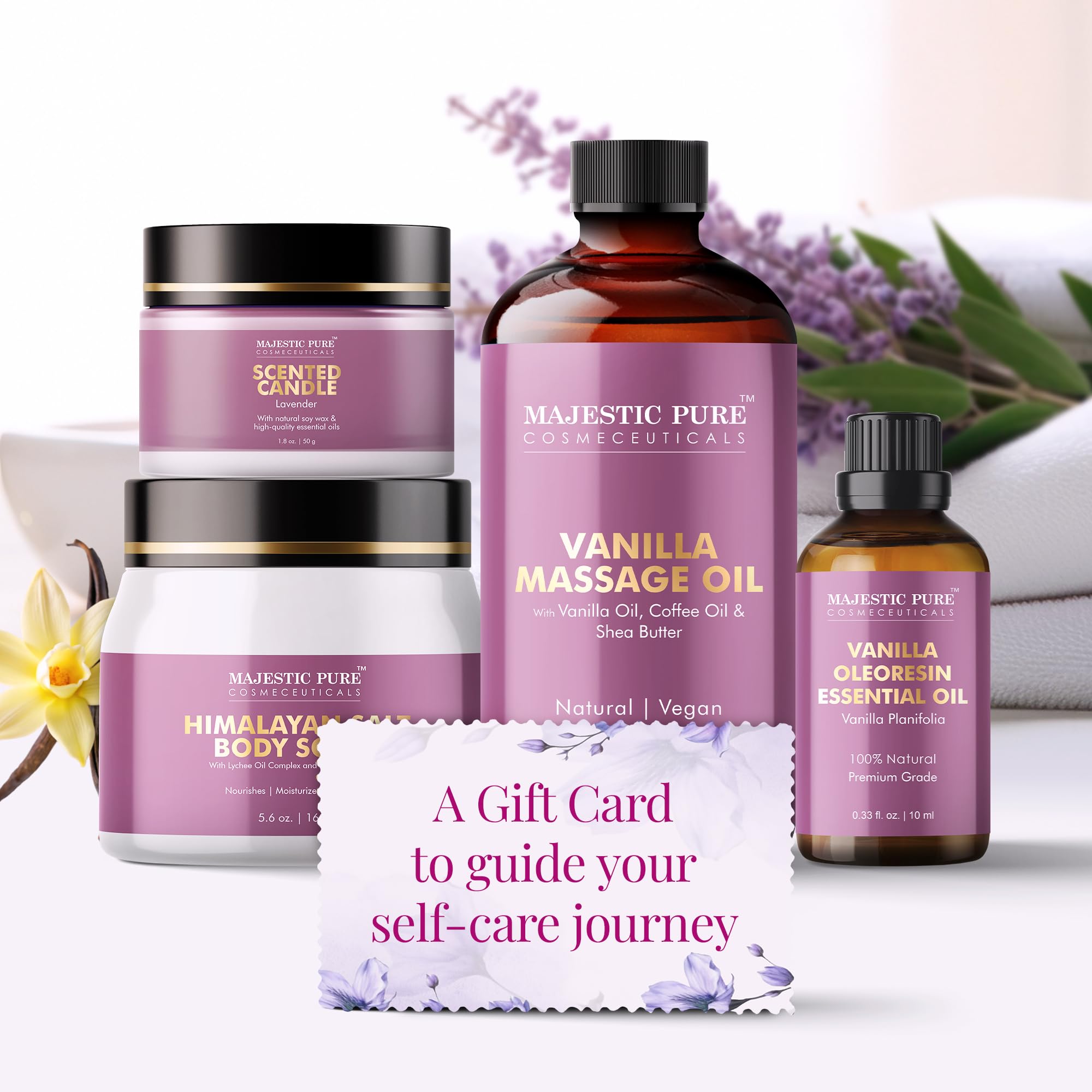 Majestic Pure coffret spa — huile massage vanille pour détente et hydratation.