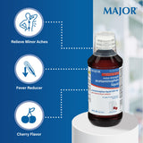 MAJOR acétaminophène liquide arôme cerise, emballage clair et agréable.