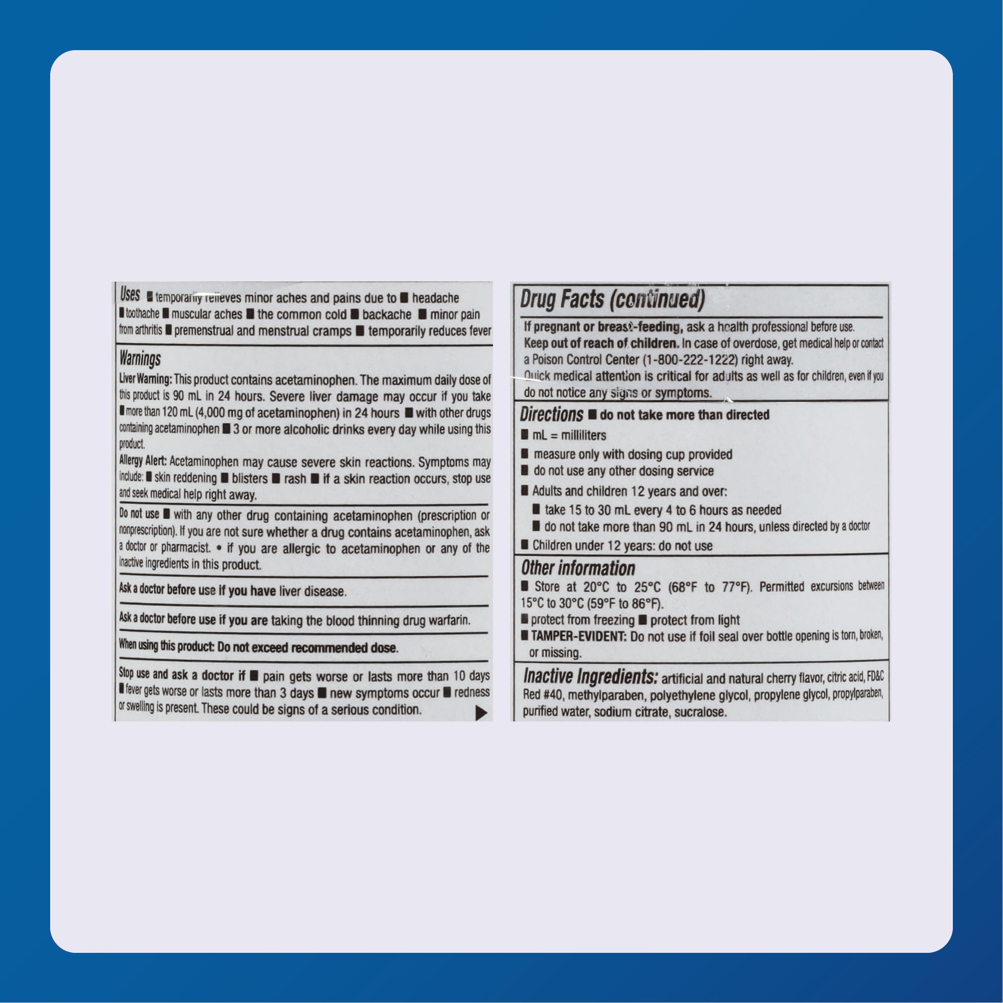 MAJOR acétaminophène liquide, utilisation simple pour adultes et adolescents.