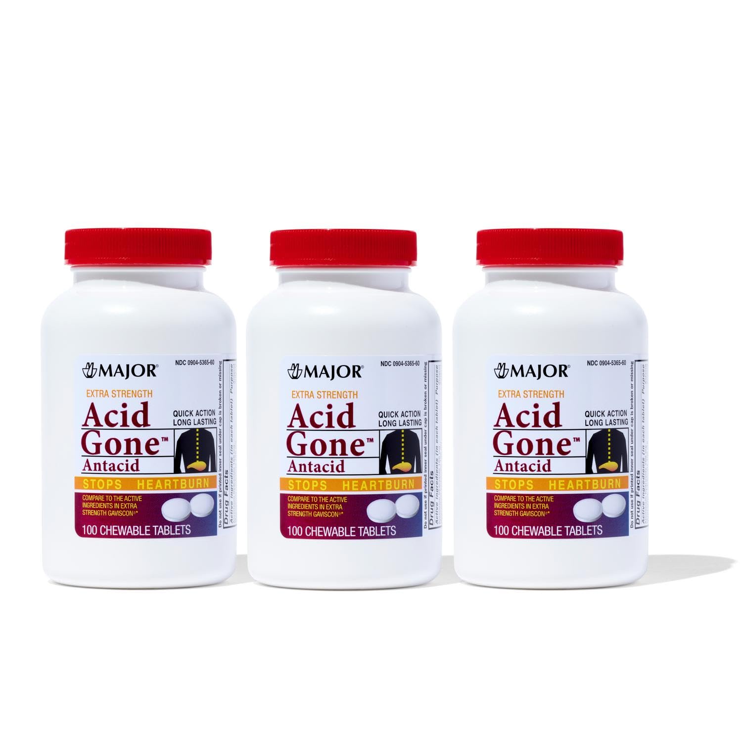 Major Acid Gone Extra Strength, comprimés masticables, emballage visible, soulagement potentiel après repas.