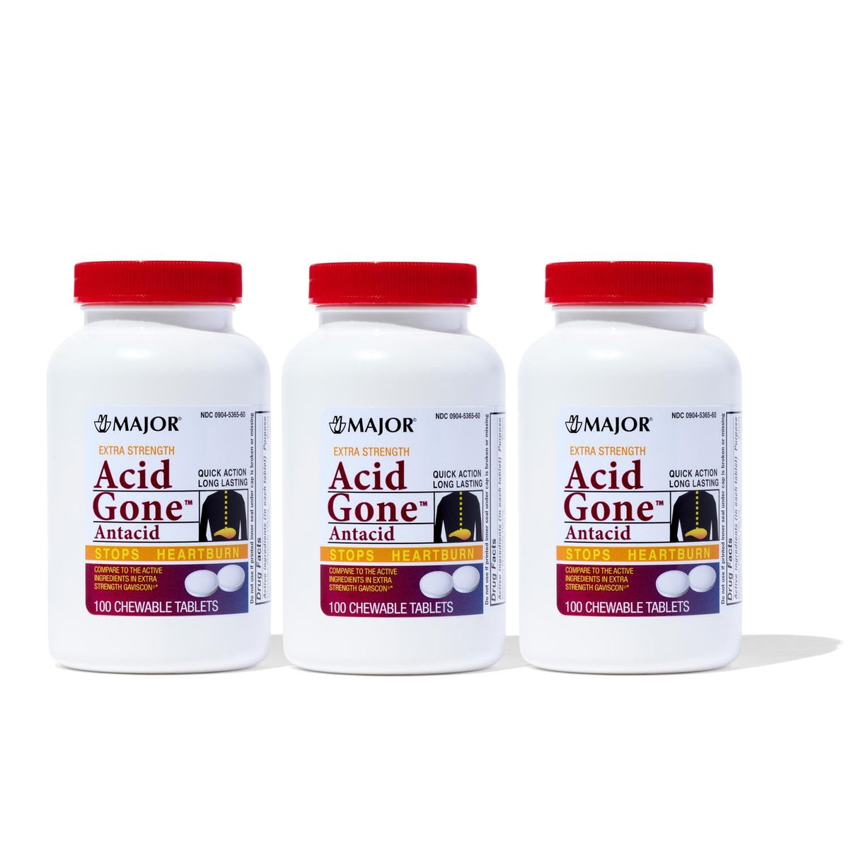 Major Acid Gone Extra Strength, comprimés masticables, emballage visible, soulagement potentiel après repas.
