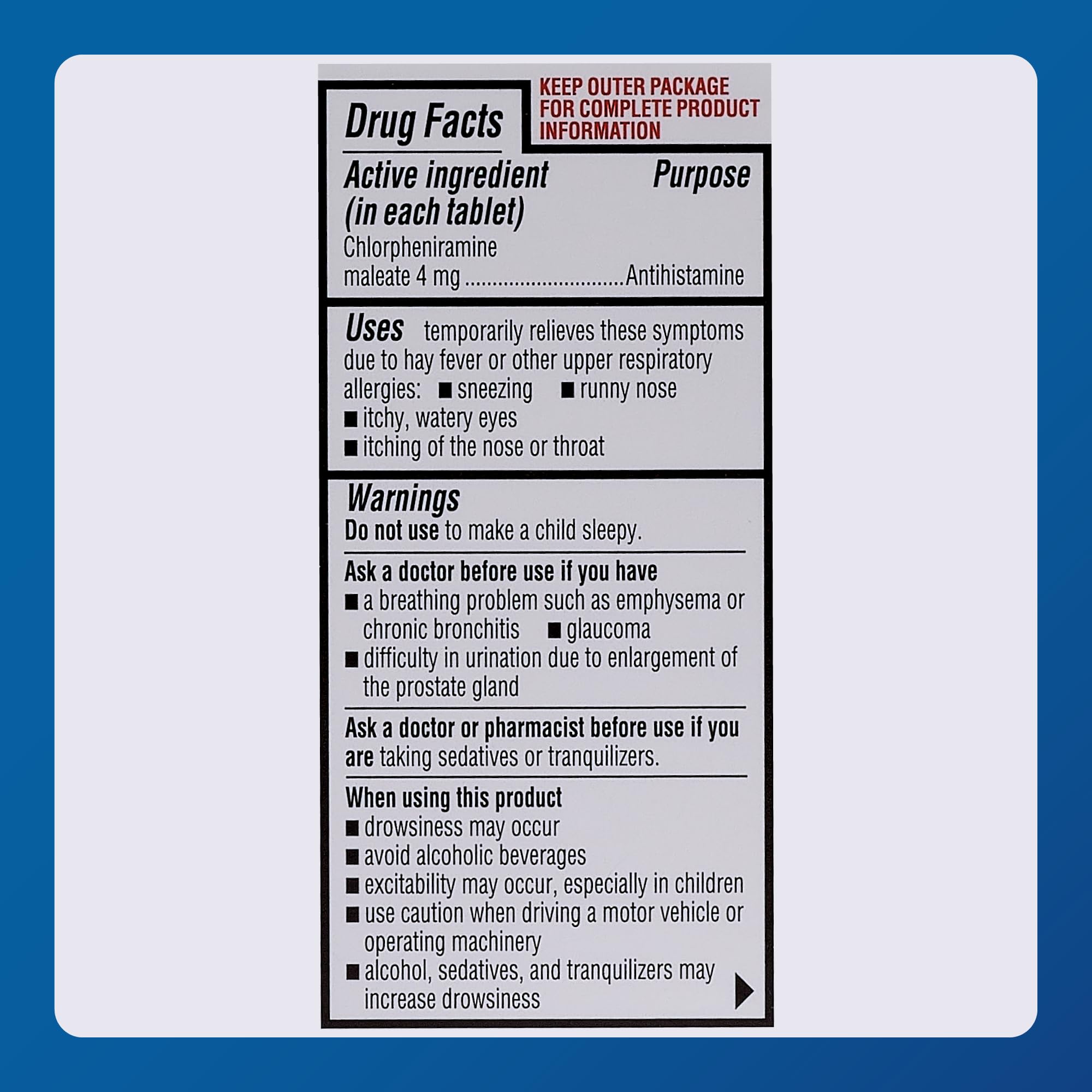 Étiquette MAJOR allergie 4 mg – dosage clair et informations pour l'utilisation.