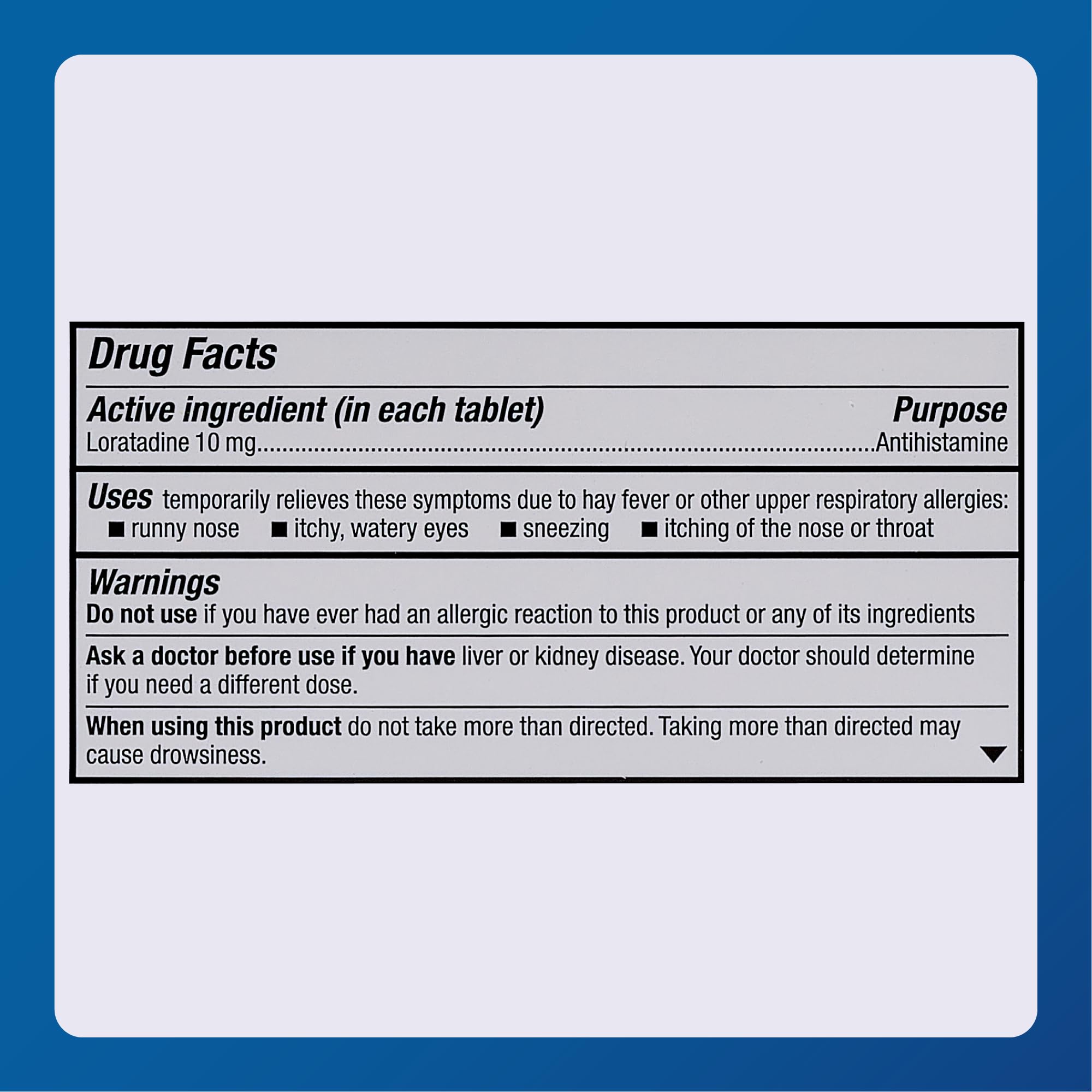 Major Allergy Loratadine – réduction potentielle des symptômes d’allergie pour une journée confortable.