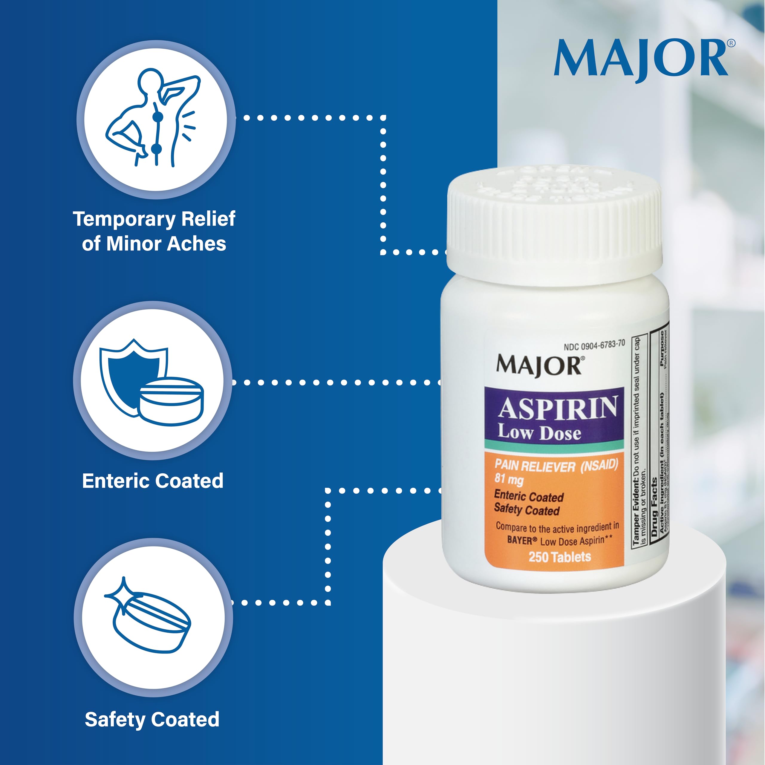 MAJOR aspirine 81 mg, enrobage entérique pour ingestion en douceur.