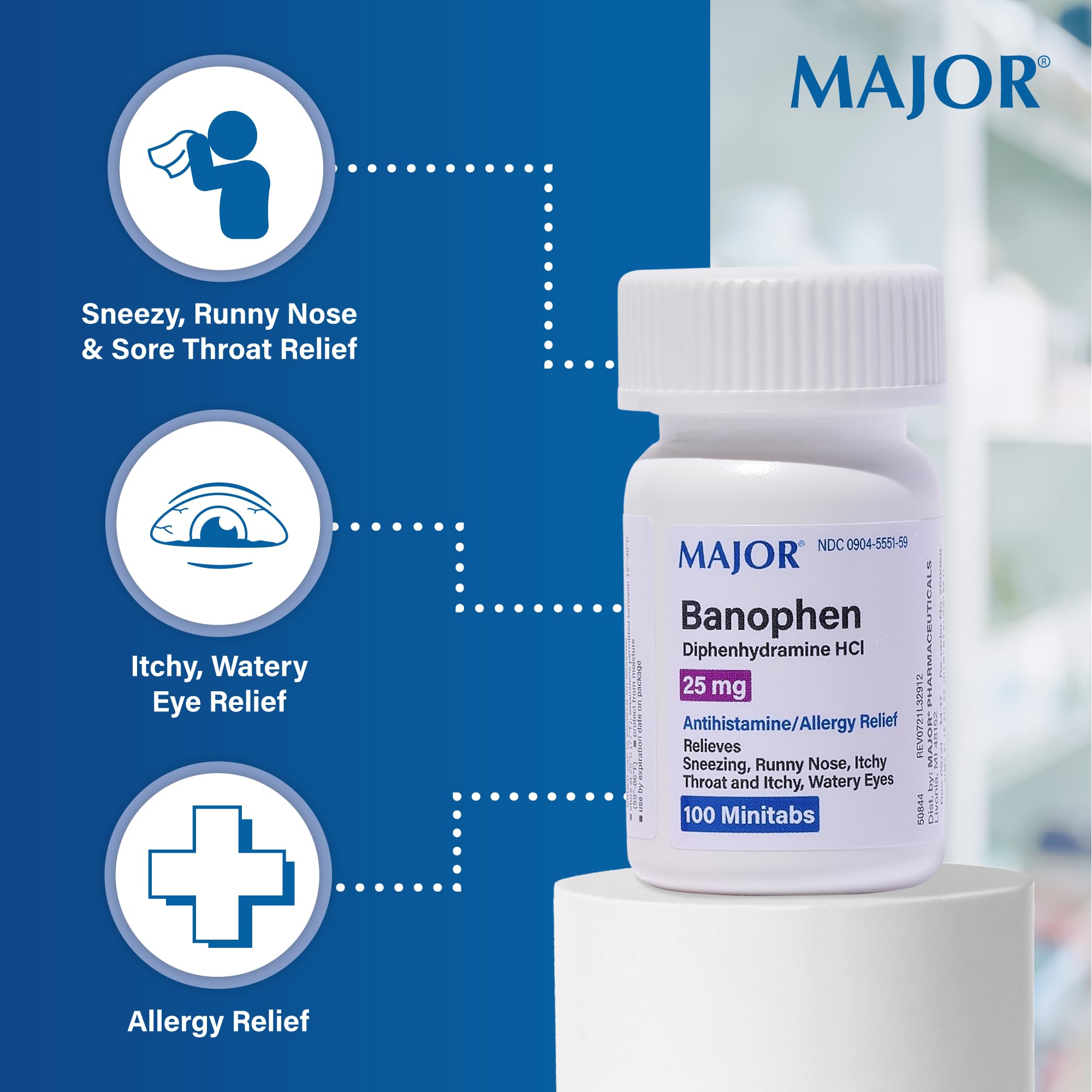 MAJOR Banophen: étiquette indiquant 25 mg, dosage rapide et clair.