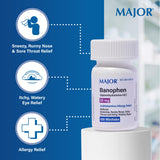 MAJOR Banophen: étiquette indiquant 25 mg, dosage rapide et clair.