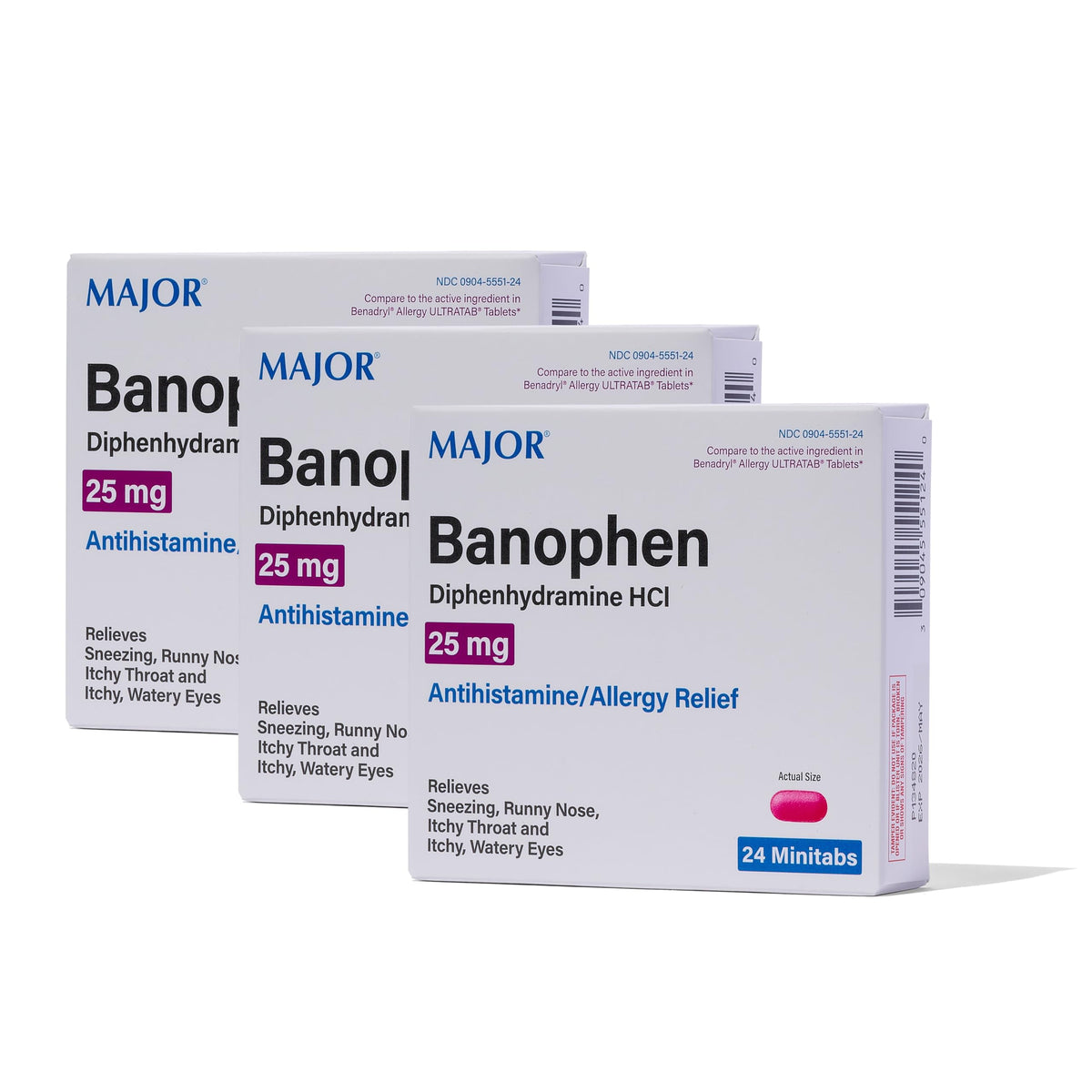 MAJOR Banophen mini-tabs — flacon visible, soulagement temporaire des symptômes allergiques possibles.