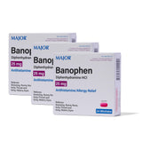 MAJOR Banophen mini-tabs — flacon visible, soulagement temporaire des symptômes allergiques possibles.