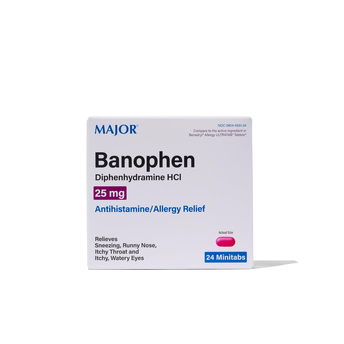 MAJOR Banophen Minitabs emballage du pack avec 24 comprimés et indications.