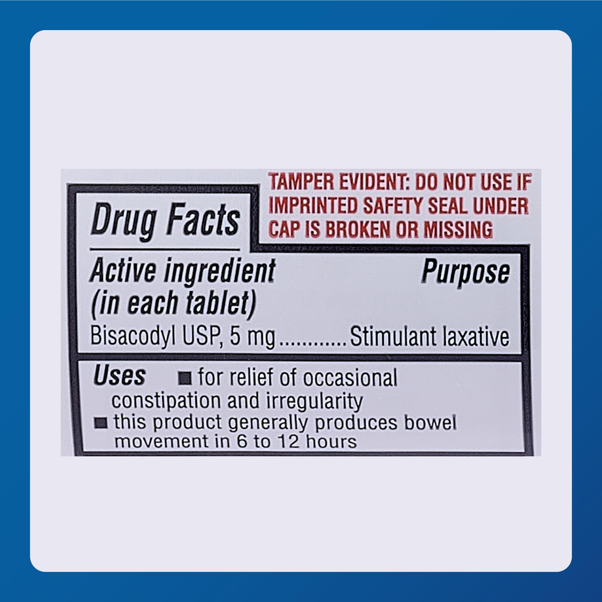 Major Bisacodyl 5 mg – étiquette lisible facilitant le dosage.