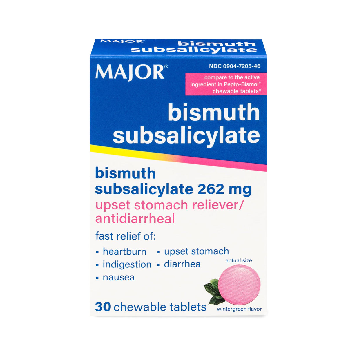 Tablettes MAJOR de bismuth subsalicylate, soulage les maux d estomac et l indigestion.