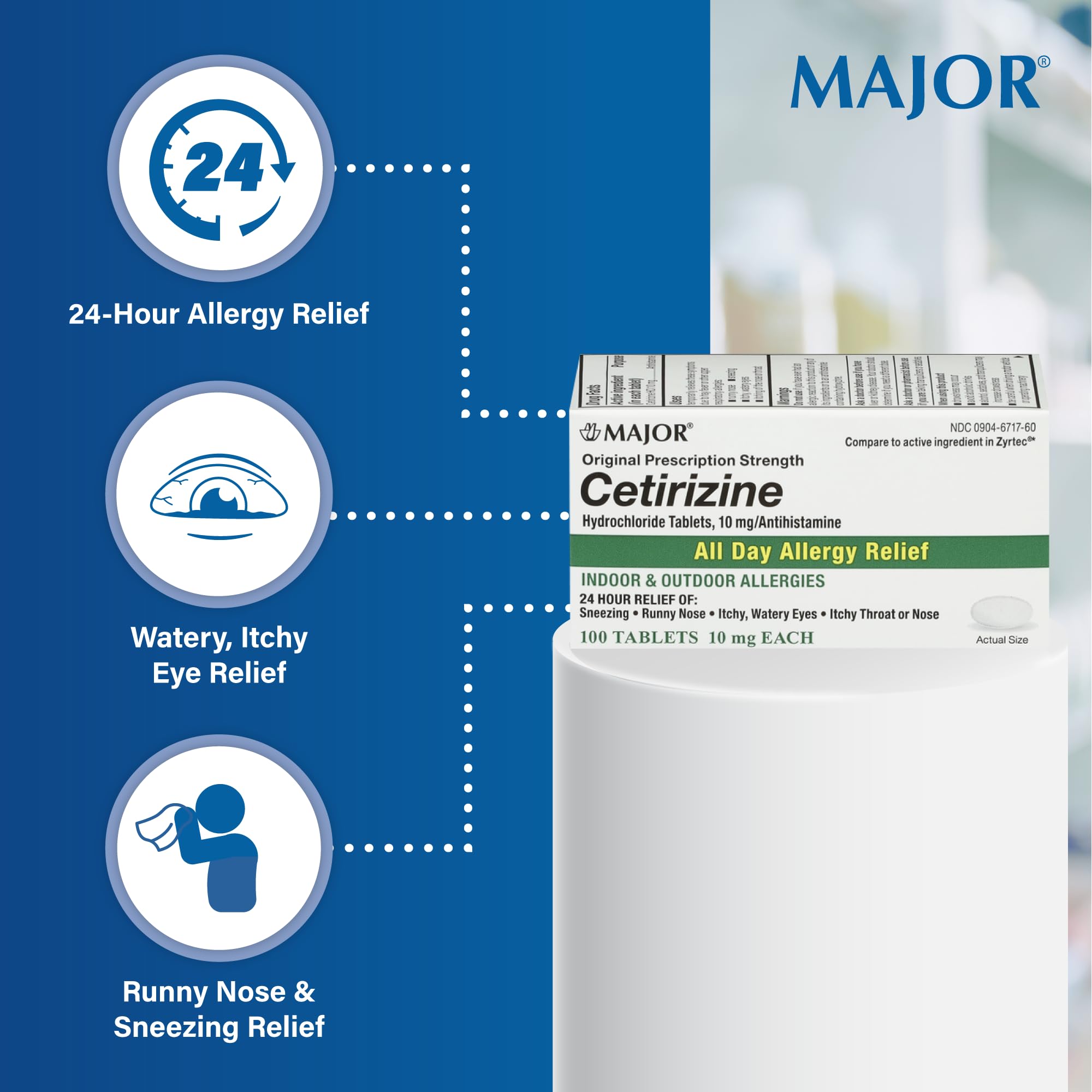 MAJOR Cetirizine tablettes plaquettes 100 : comprimés 10 mg faciles à prendre