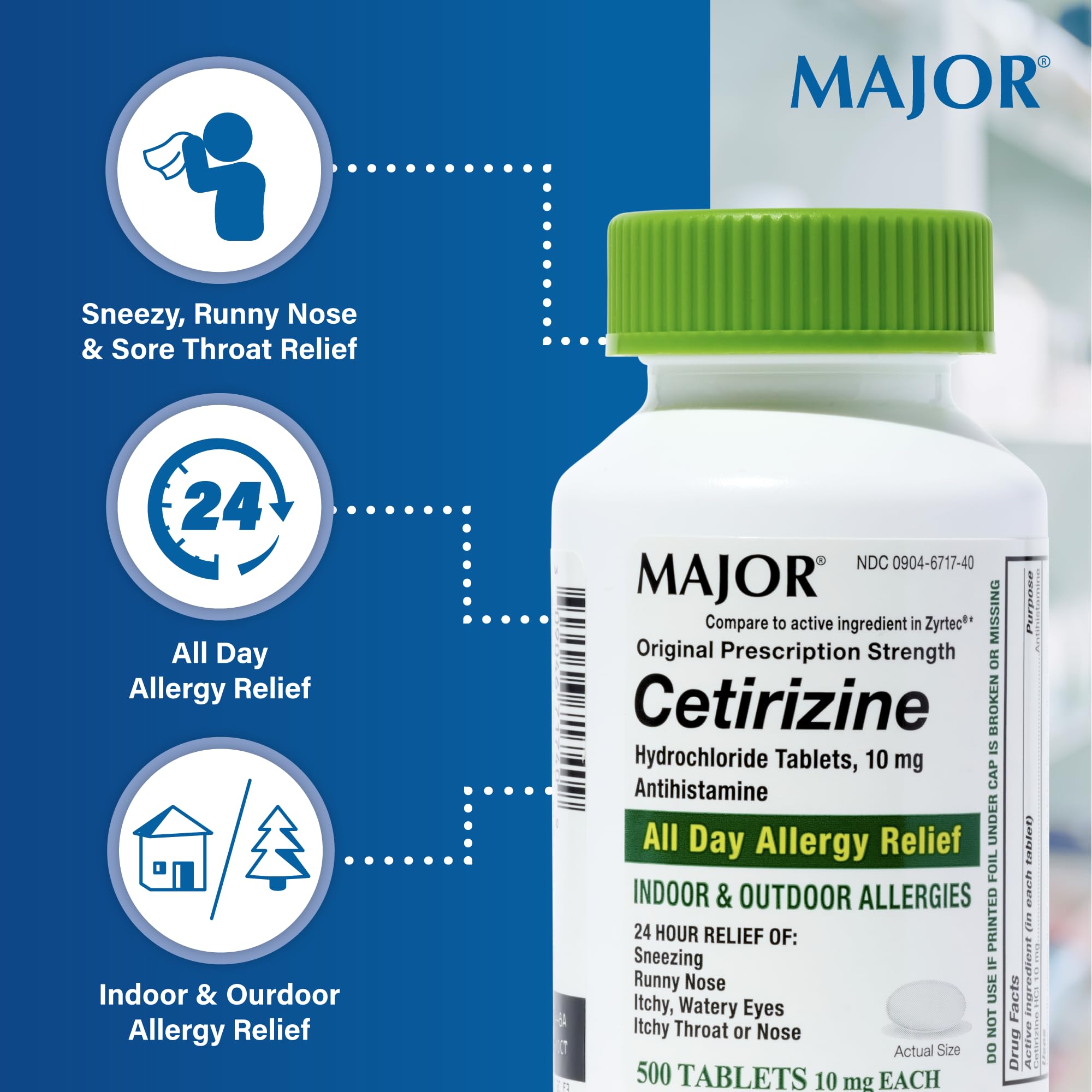 Major cétirizine tablettes 10 mg – emballage externe facile à stocker
