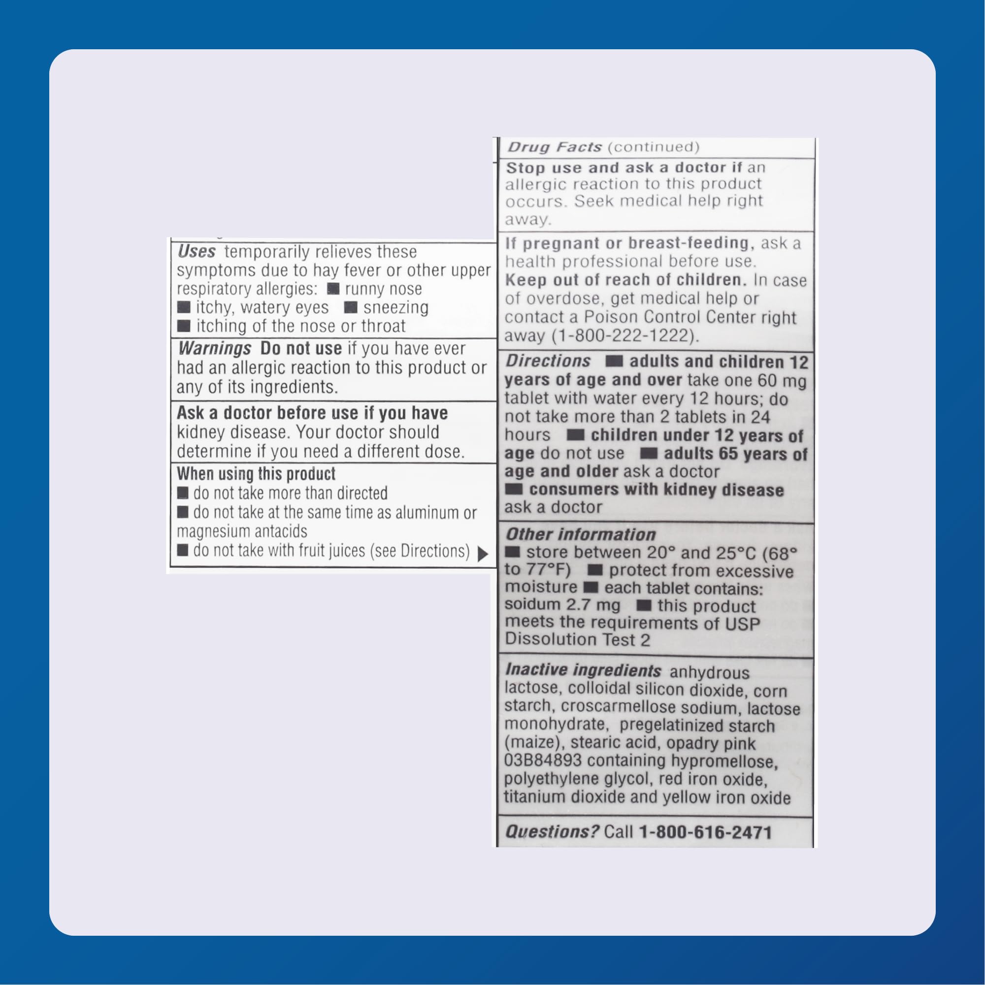 MAJOR Fexofenadine emballage et notice, accès rapide au dosage