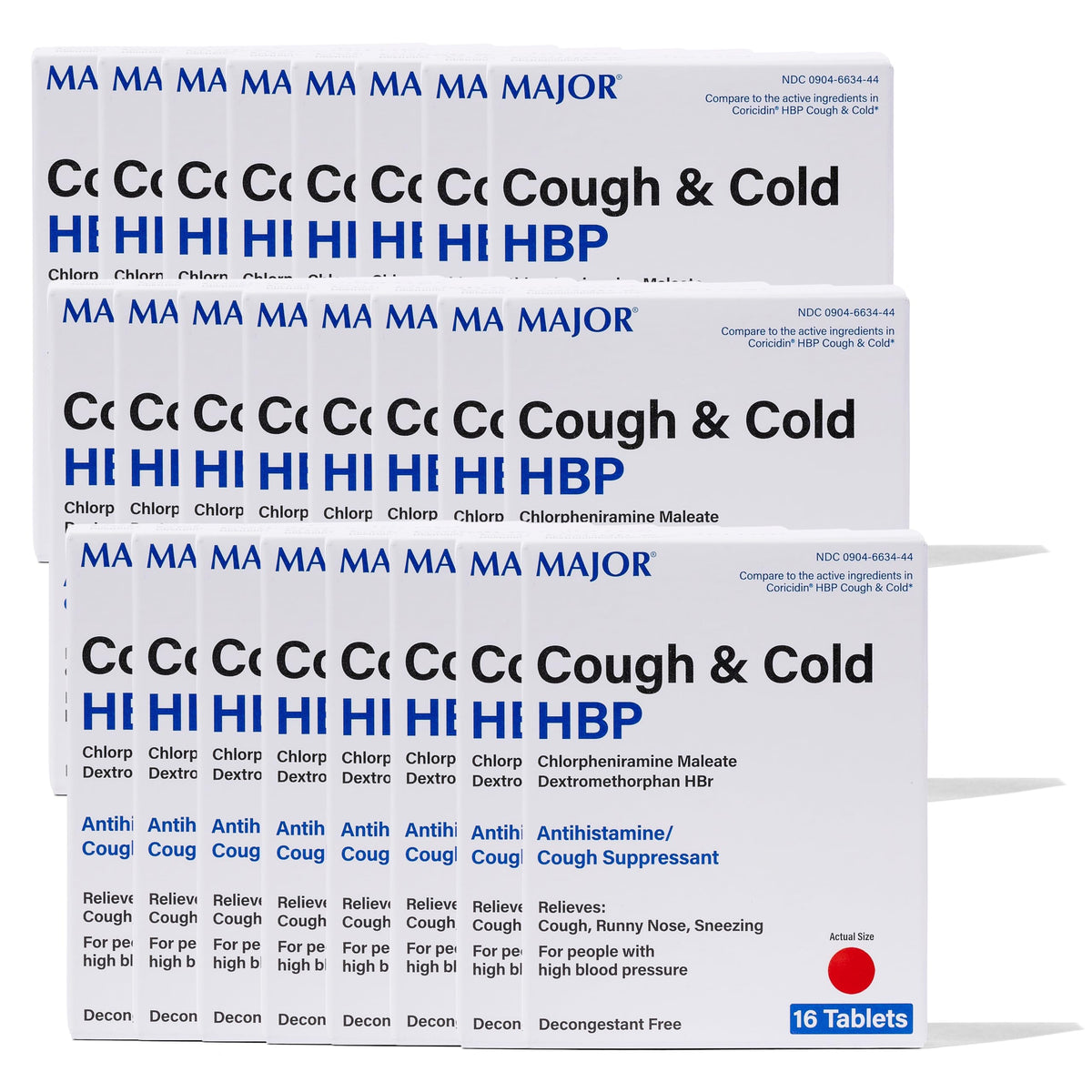 MAJOR Comprimés Toux et Rhume HBP – Emballage: soulagement temporaire des symptômes du rhume.