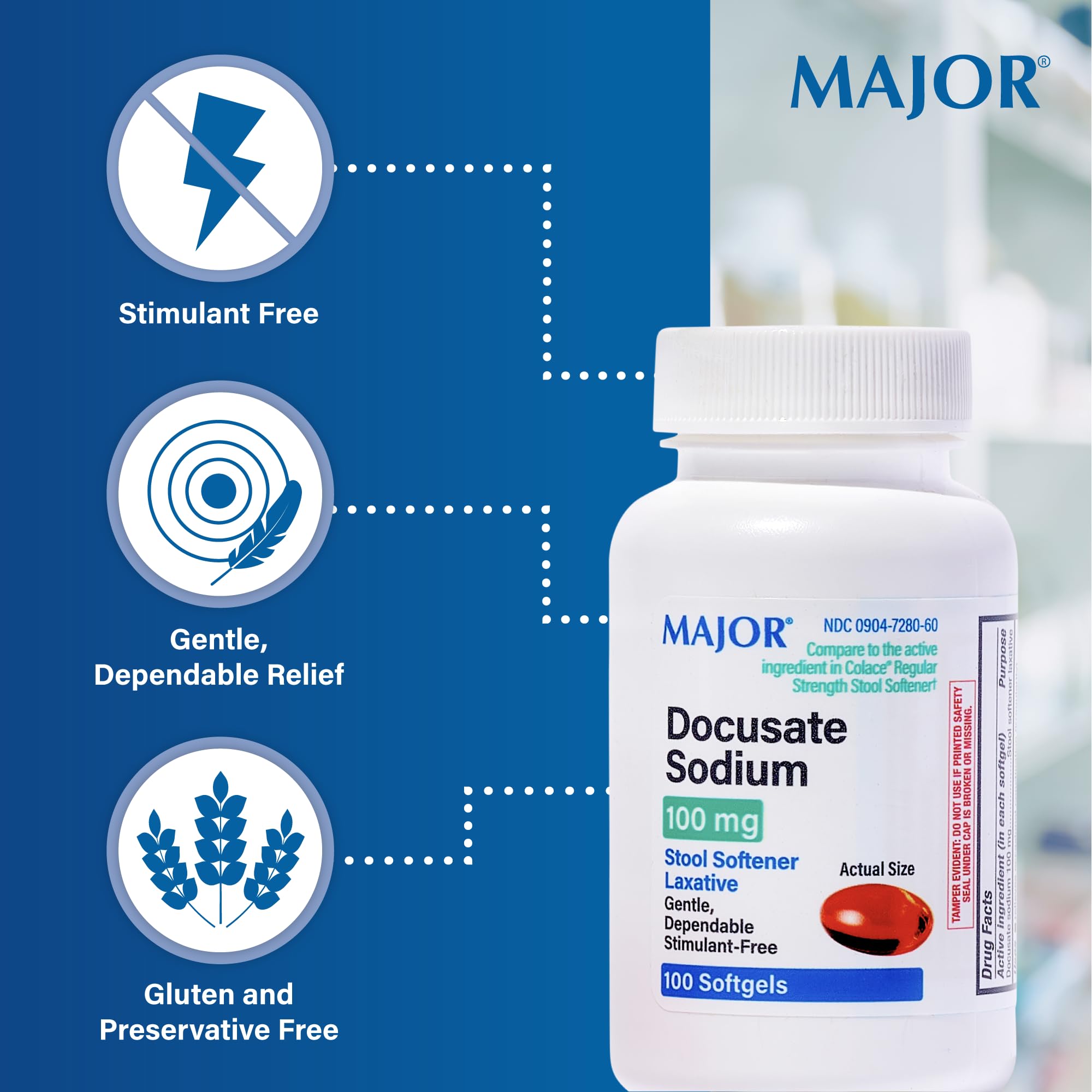 Boîte MAJOR Docusate Sodium, ensemble de 8 bouteilles pratiques pour les familles.