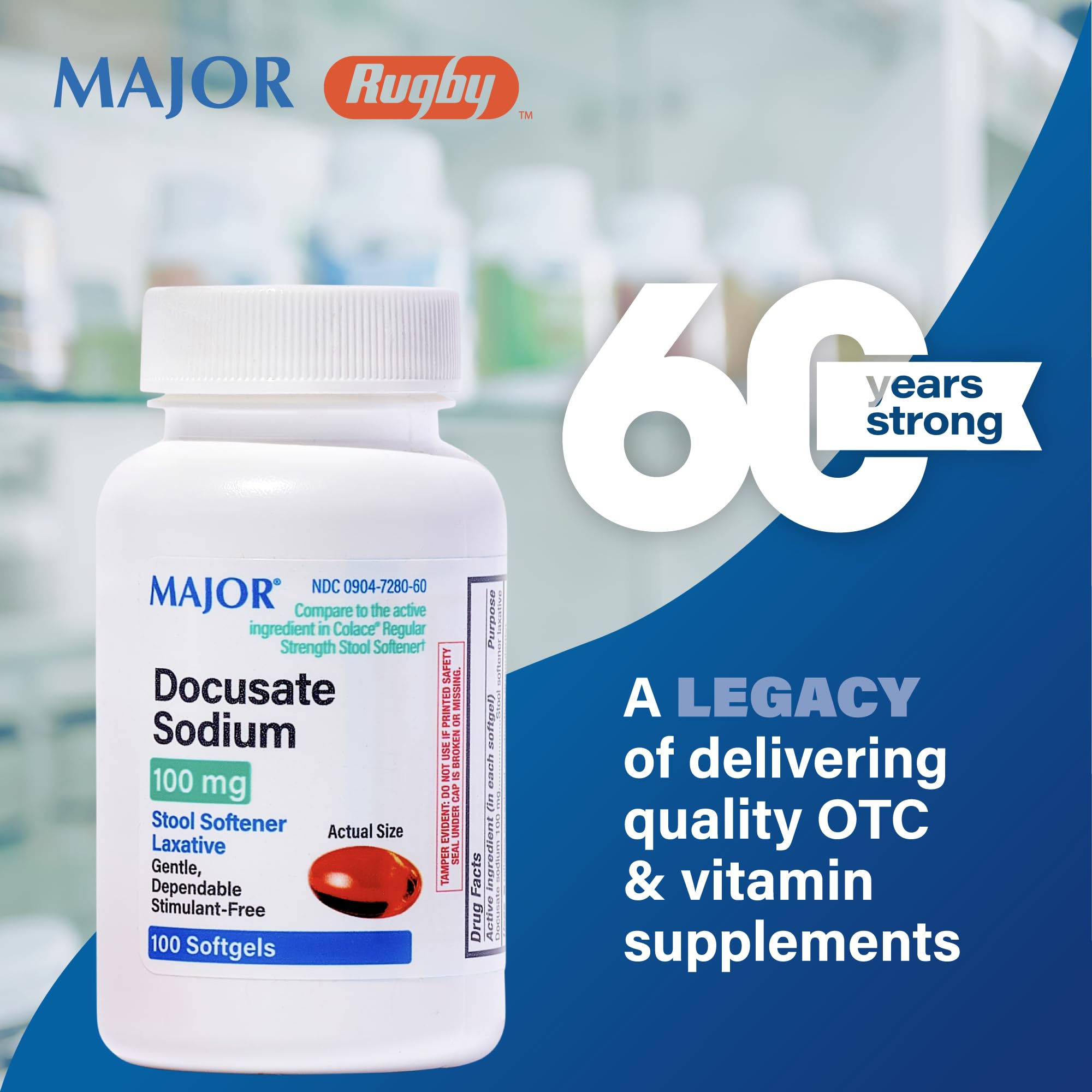Gélules MAJOR Docusate Sodium—bouteille fermée, solution pratique pour l'usage occasionnel.