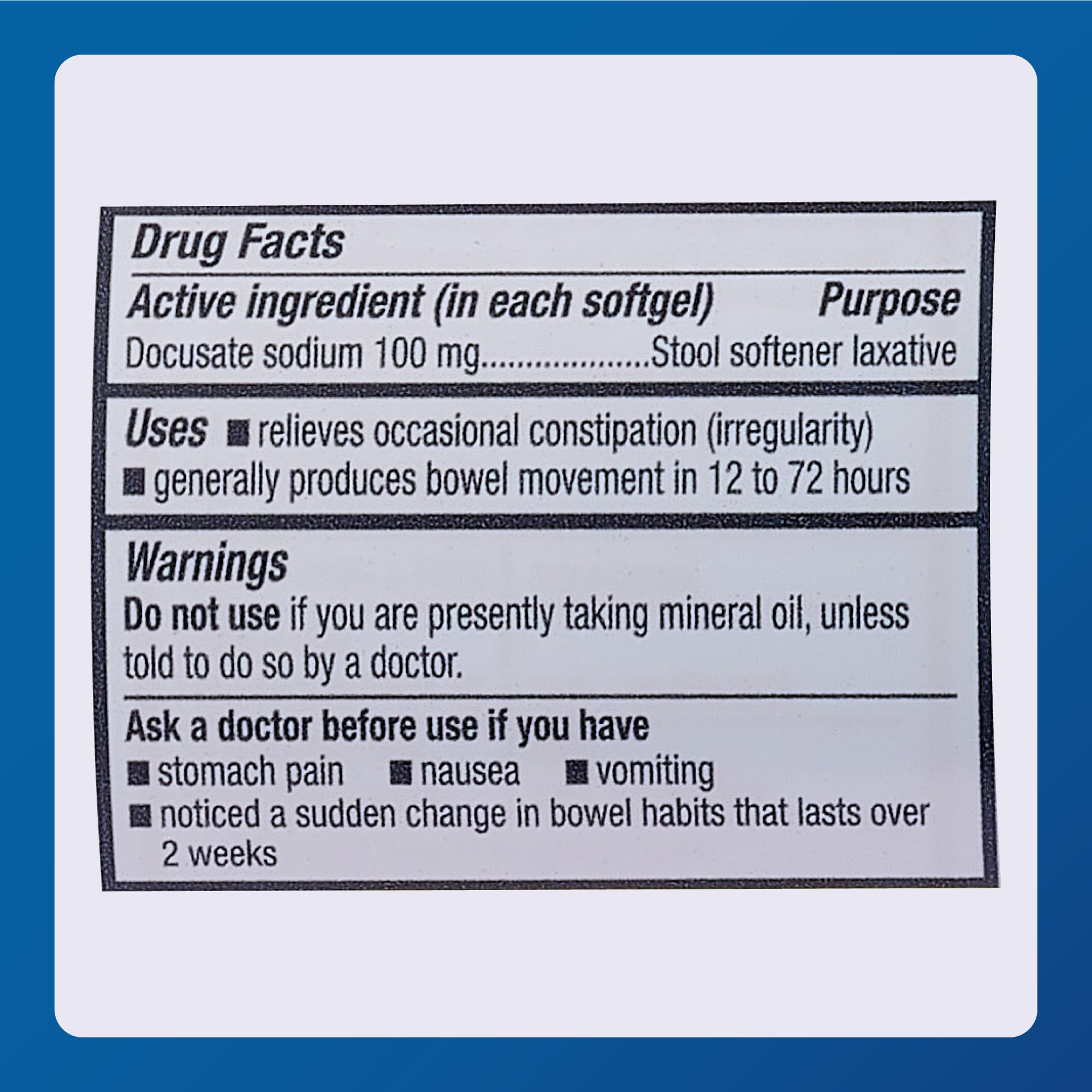 Étiquette MAJOR Docusate Sodium, informations claires et usage quotidien possible.