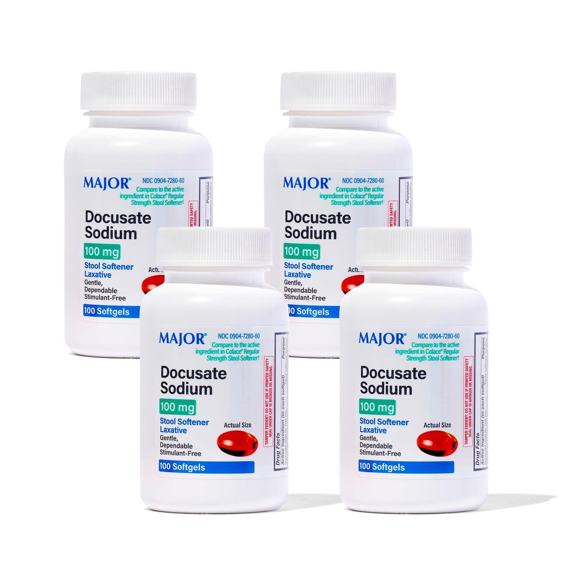 MAJOR Docusate Sodium 100 mg – boîte 4 paquets, gélules molles faciles à avaler.