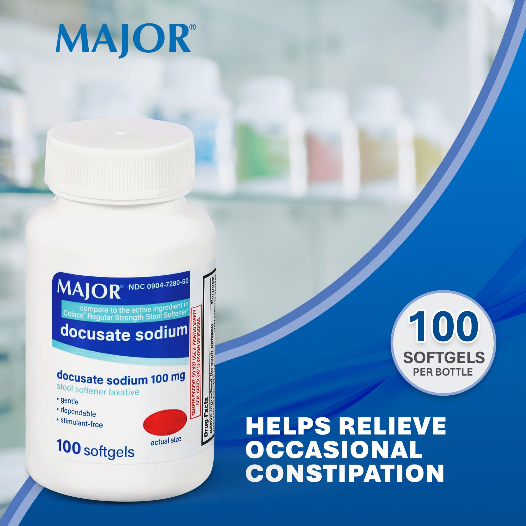 MAJOR Docusate Sodium 100 mg Softgels bouteille fermée: format pratique pour dosage quotidien