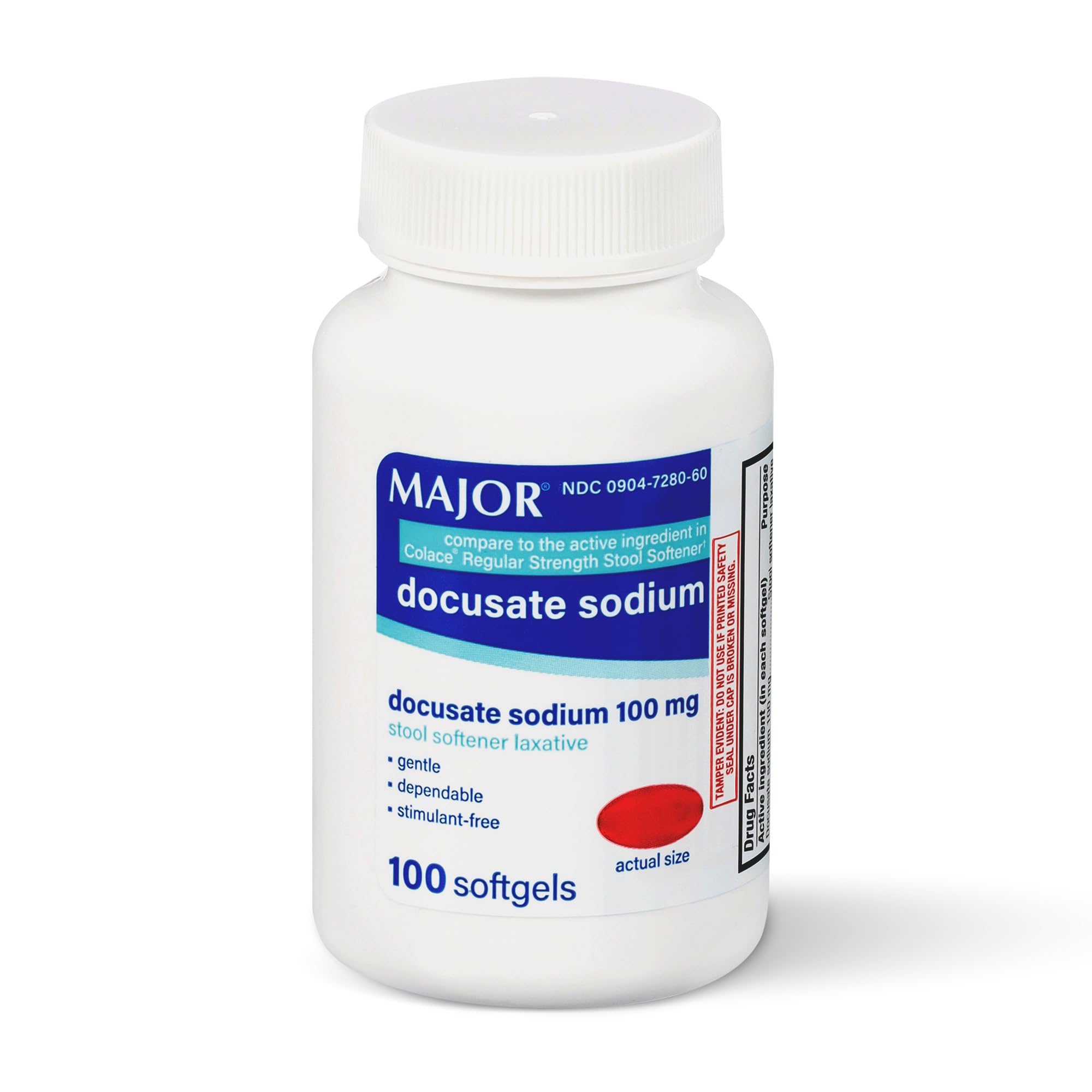 MAJOR Docusate Sodium 100 mg Softgels emballage: aide douce pour constipation occasionnelle