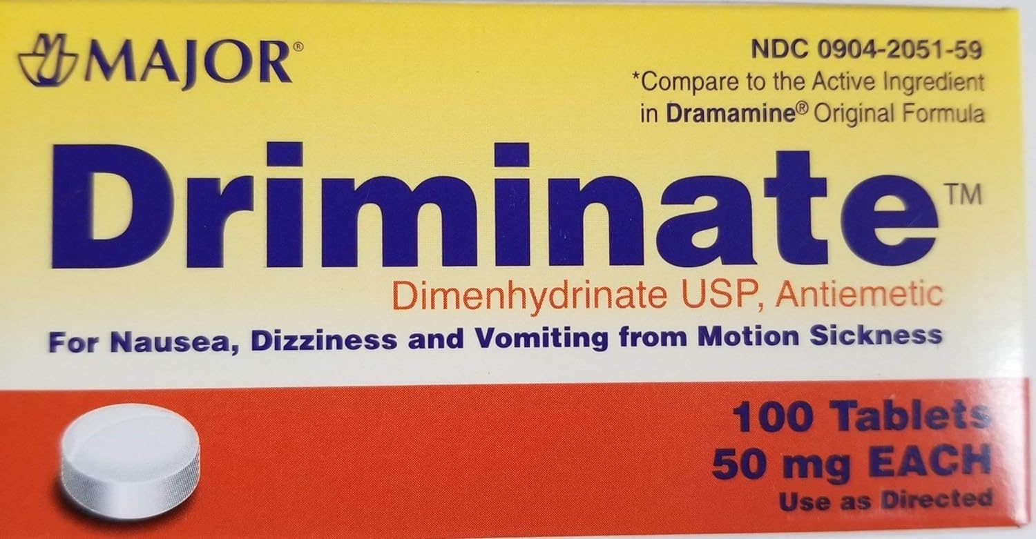 Major Driminate bouteille 50 mg Dimenhydrinate, pratique pour les déplacements.