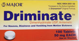 Major Driminate bouteille 50 mg Dimenhydrinate, pratique pour les déplacements.