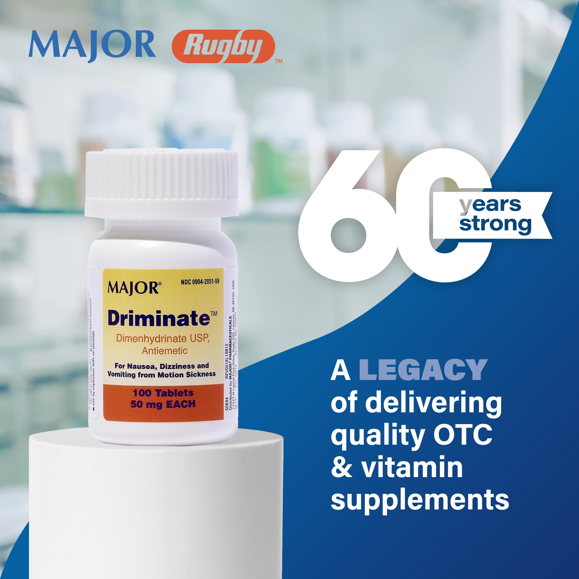 Blister Major Driminate 50 mg, comprimés faciles à transporter, parfaits en déplacement.