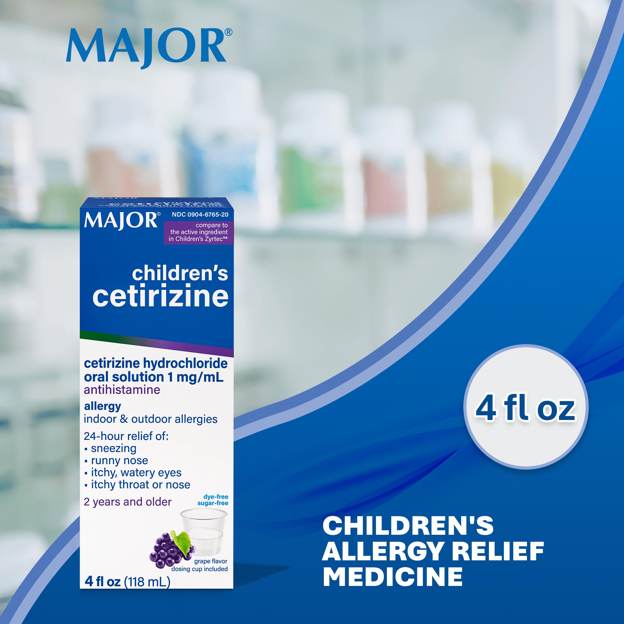 Major Cetirizine enfants, étiquette raisin, goût fruité et sans colorants.