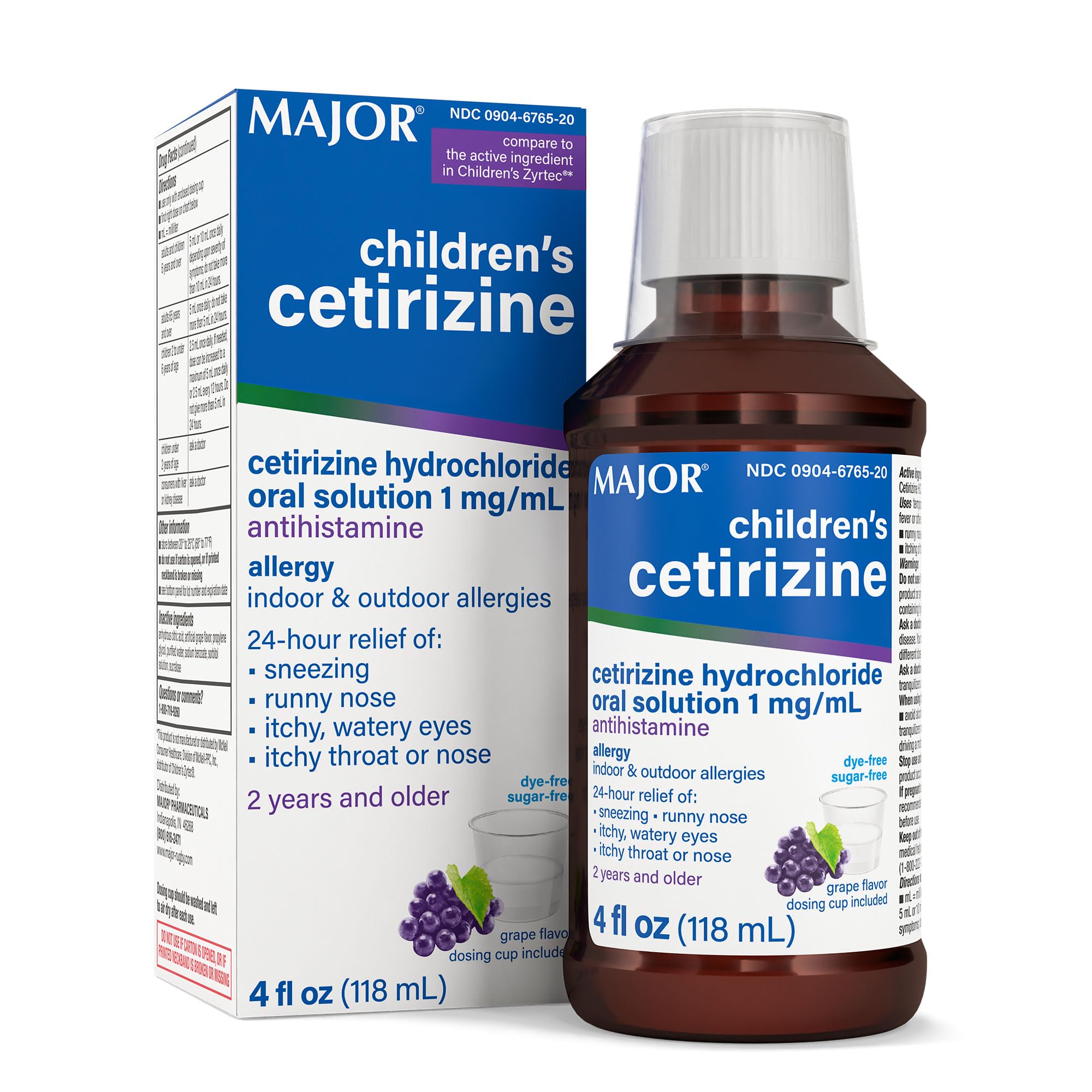 Major Cetirizine enfants, flacon raisin, facilite l'administration et le soulagement des symptômes.