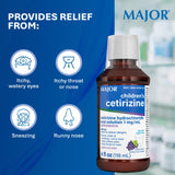 Major Cetirizine enfants, formule sans sucre ni colorants ajoutés.