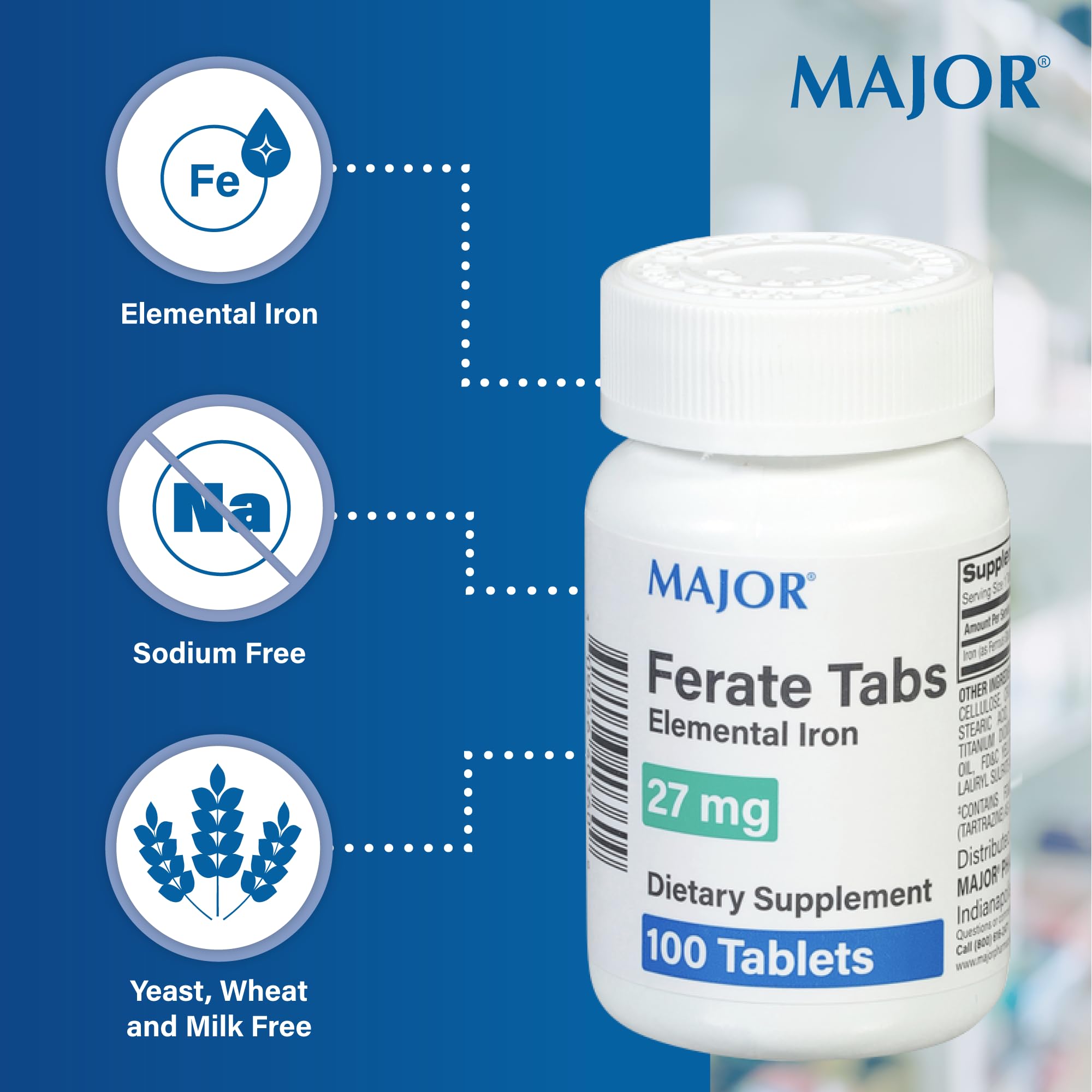 MAJOR Ferate Tabs – bouteille ouverte prête à être prise avec l’eau.