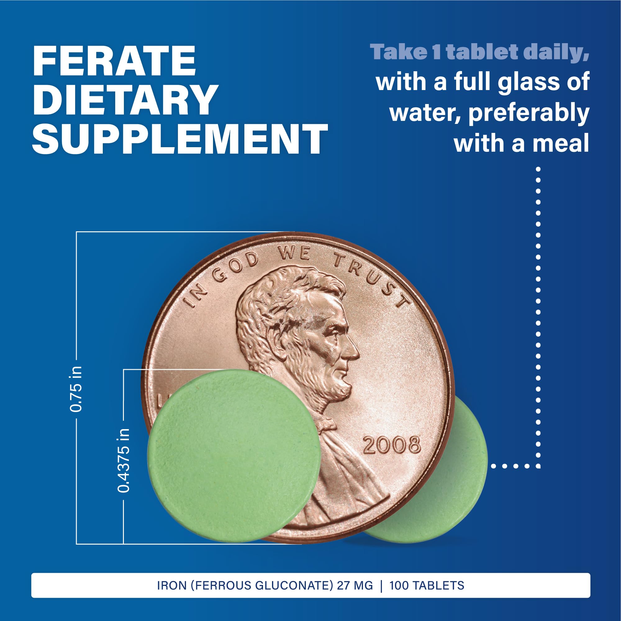 MAJOR Ferate Tabs – comprimés ferrugineux en gros plan, forme gluconate ferreux.