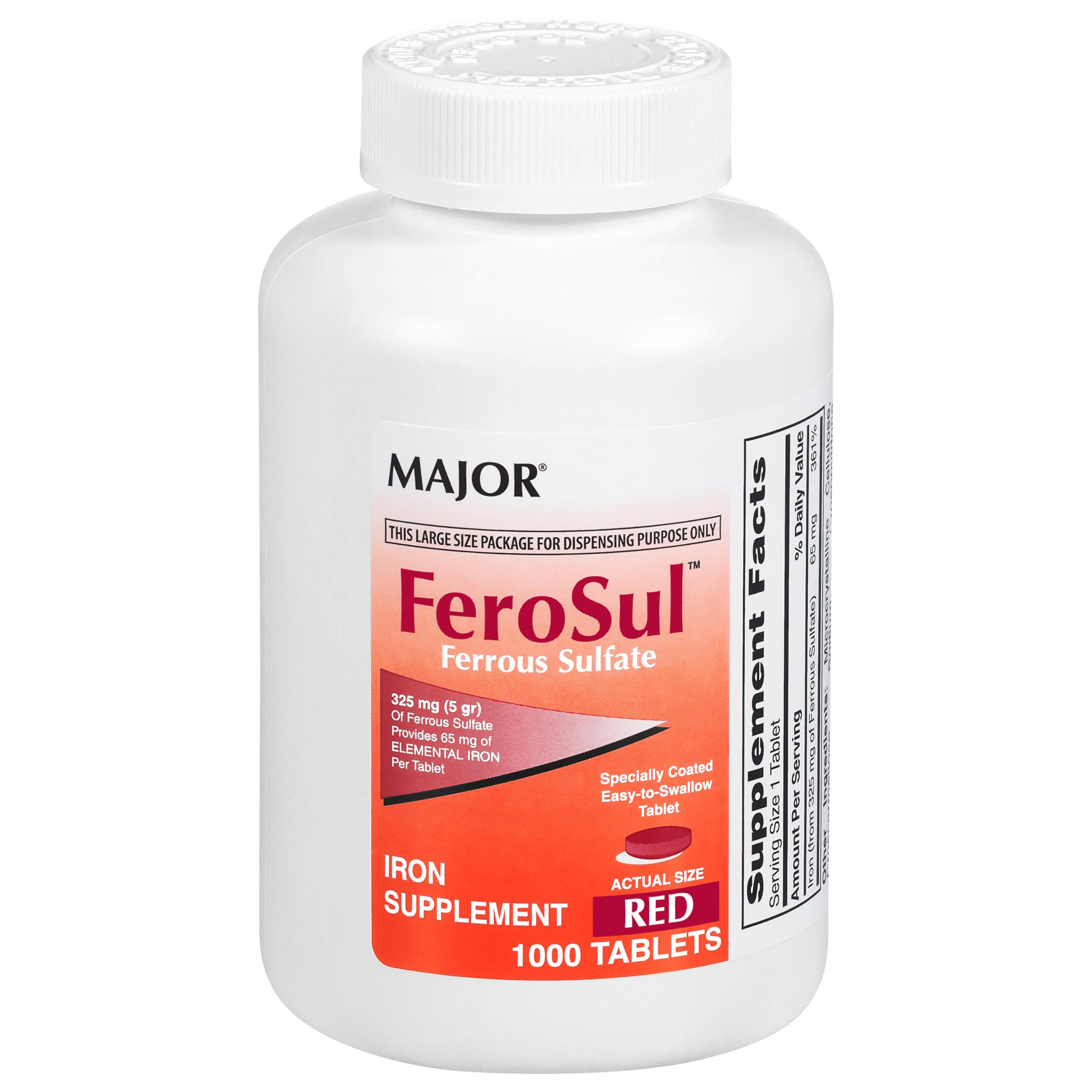 Major FeroSul bouteille rouge de 1000 comprimés pour un apport quotidien en fer.