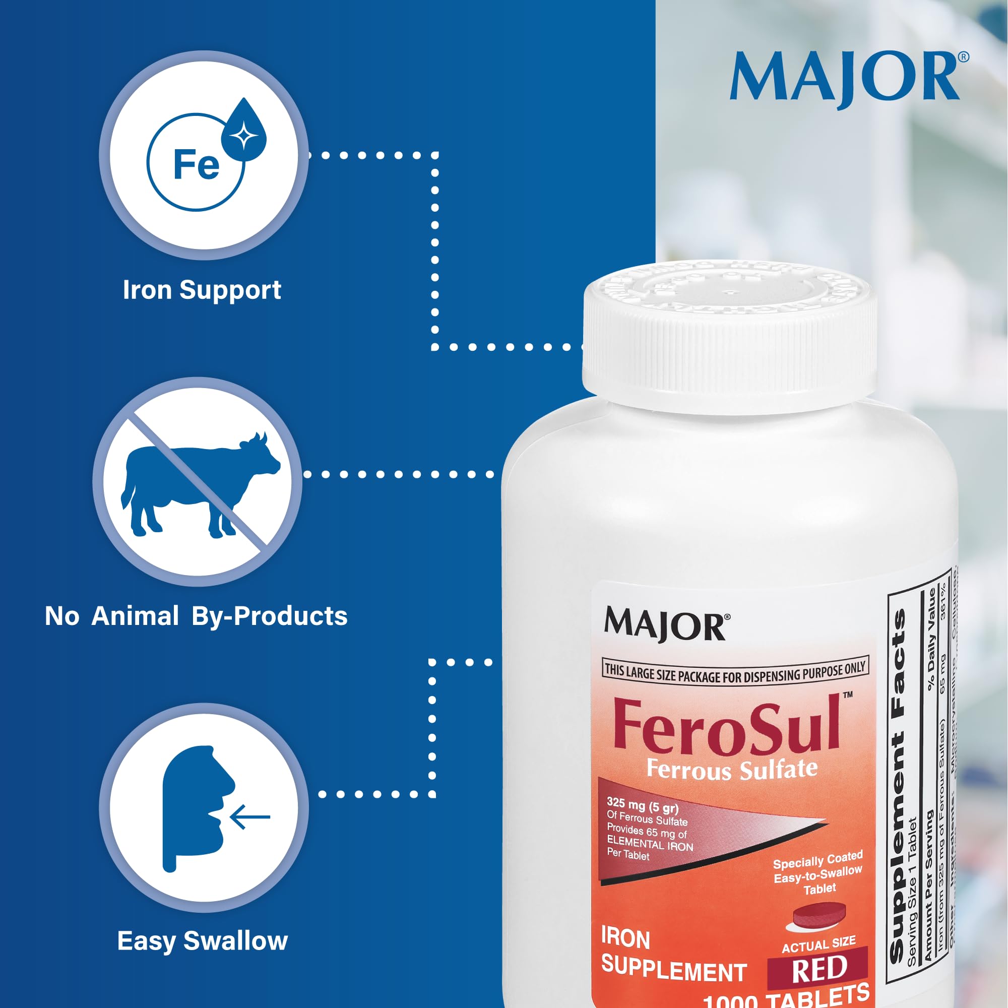 Major FeroSul comprimés au sulfate ferreux 325 mg pour soutenir l'apport en fer.
