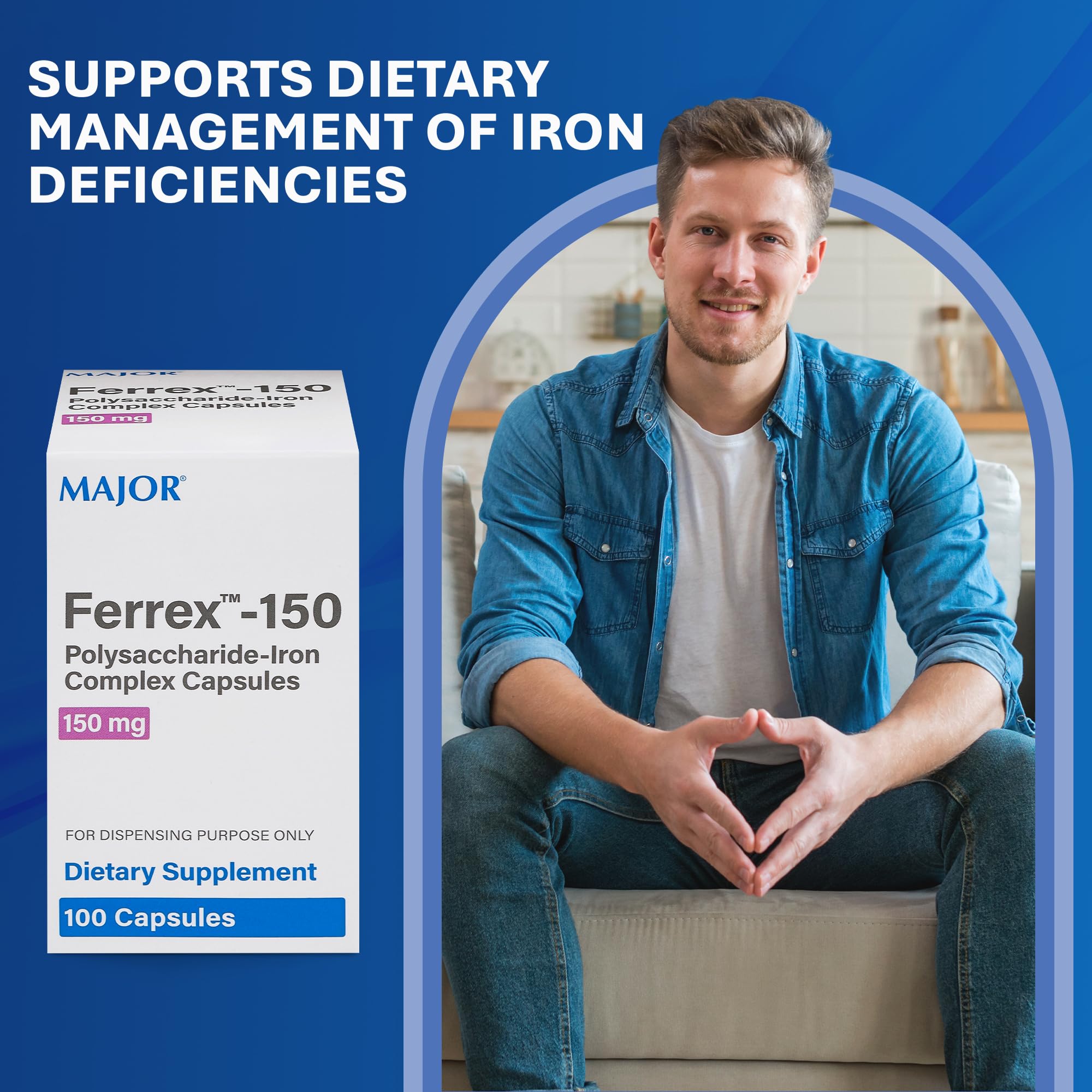 MAJOR Ferrex-150 dose par capsule met en avant le dosage clair.