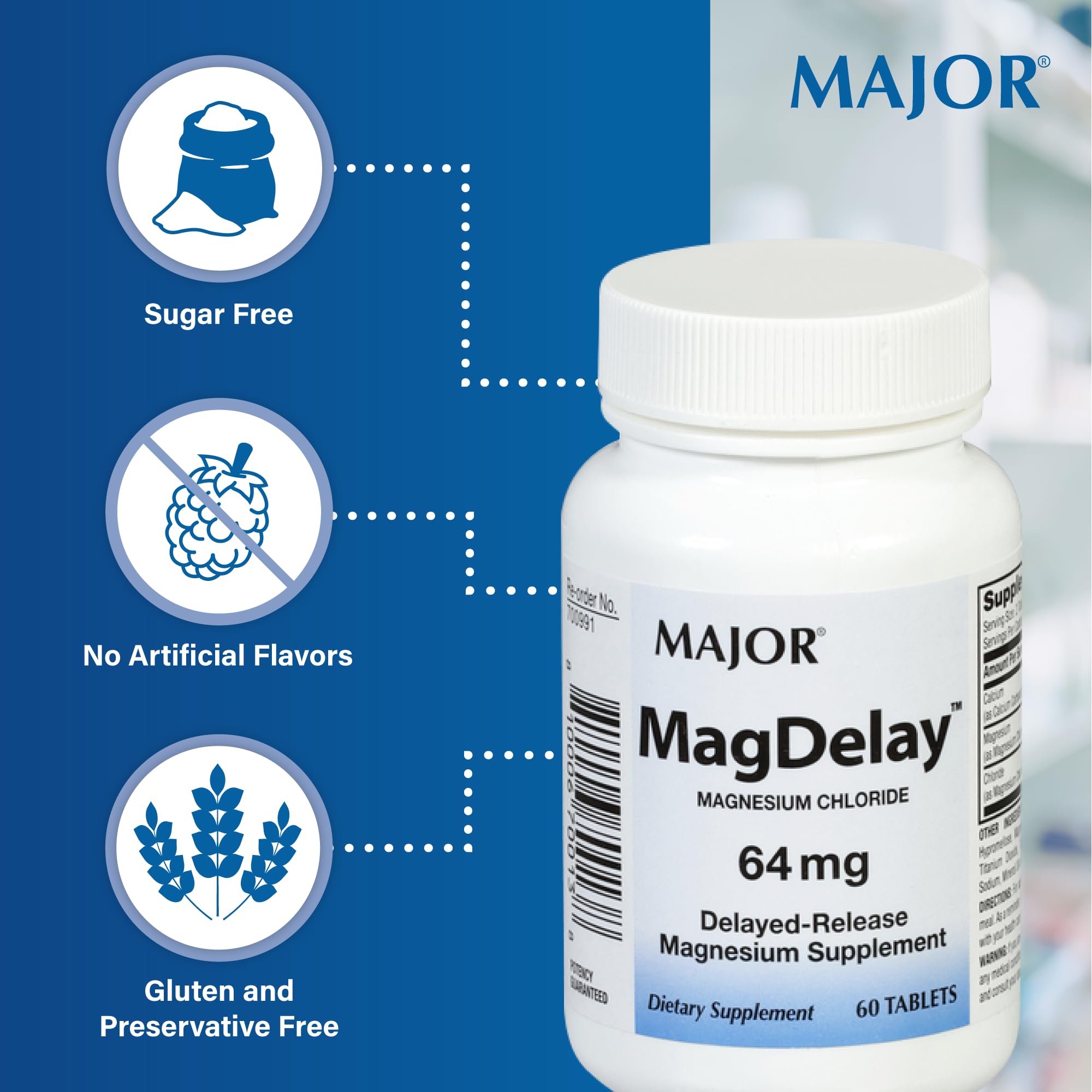 Étiquette MAJOR MagDelay indiquant calcium, magnésium et chlore
