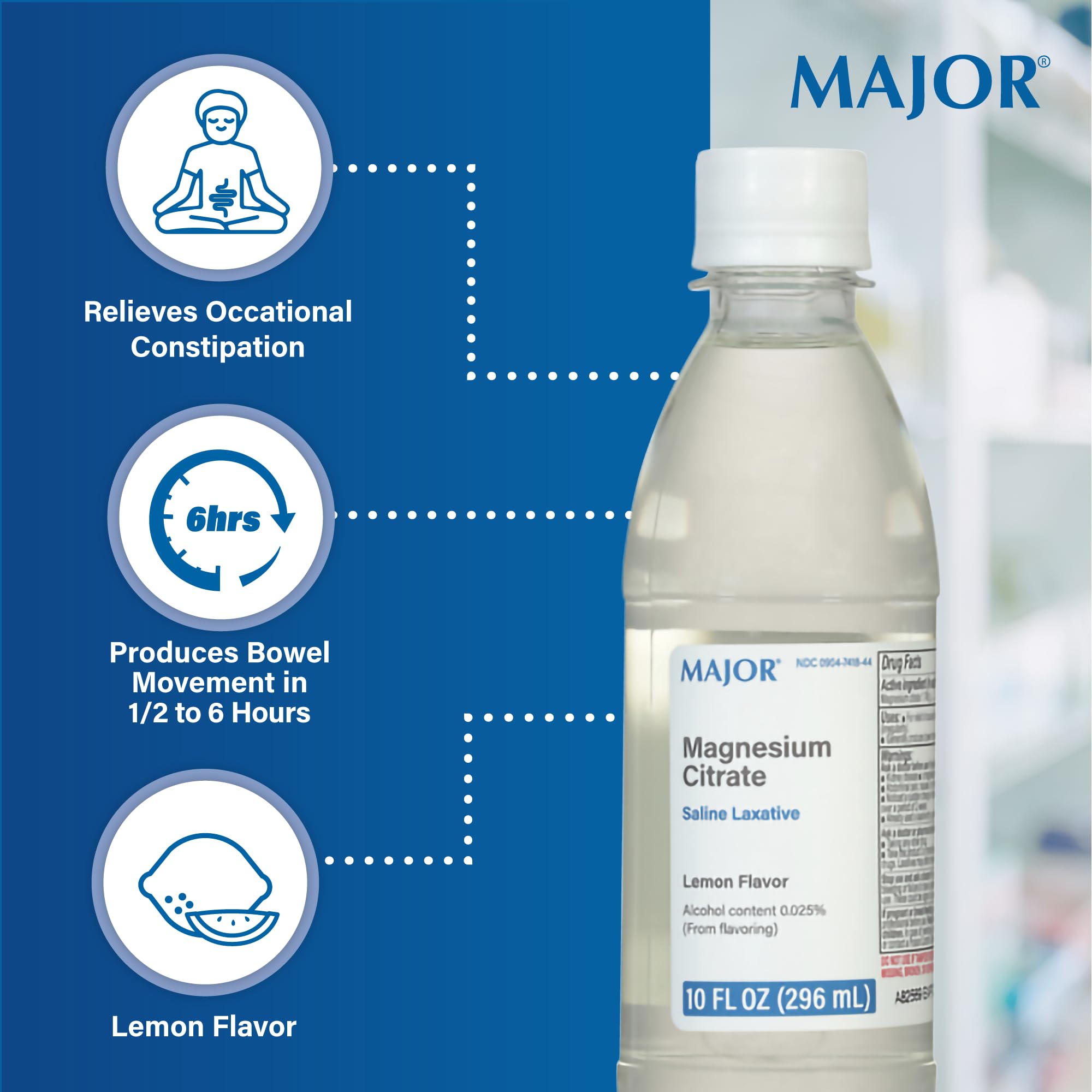 Major Magnesium Citrate laxatif citron, emballage clair et sûr pour votre routine.