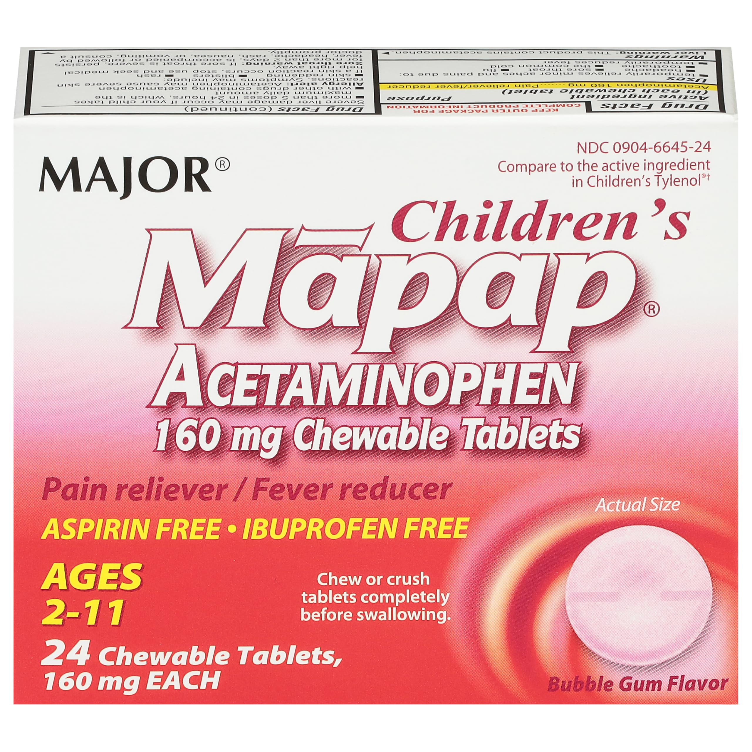 Emballage MAJOR MAPAP tablettes masticables 160 mg pour enfants, facilité administration.